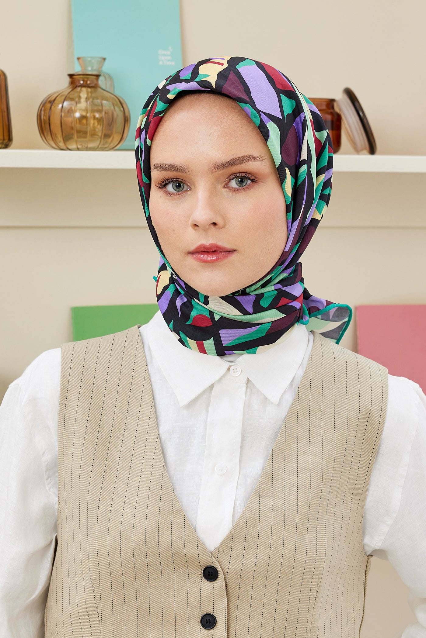 Tesettür Giyim - Pro Line Chloe Desen Eşarp - Siyah - Yeşil - Emproyal