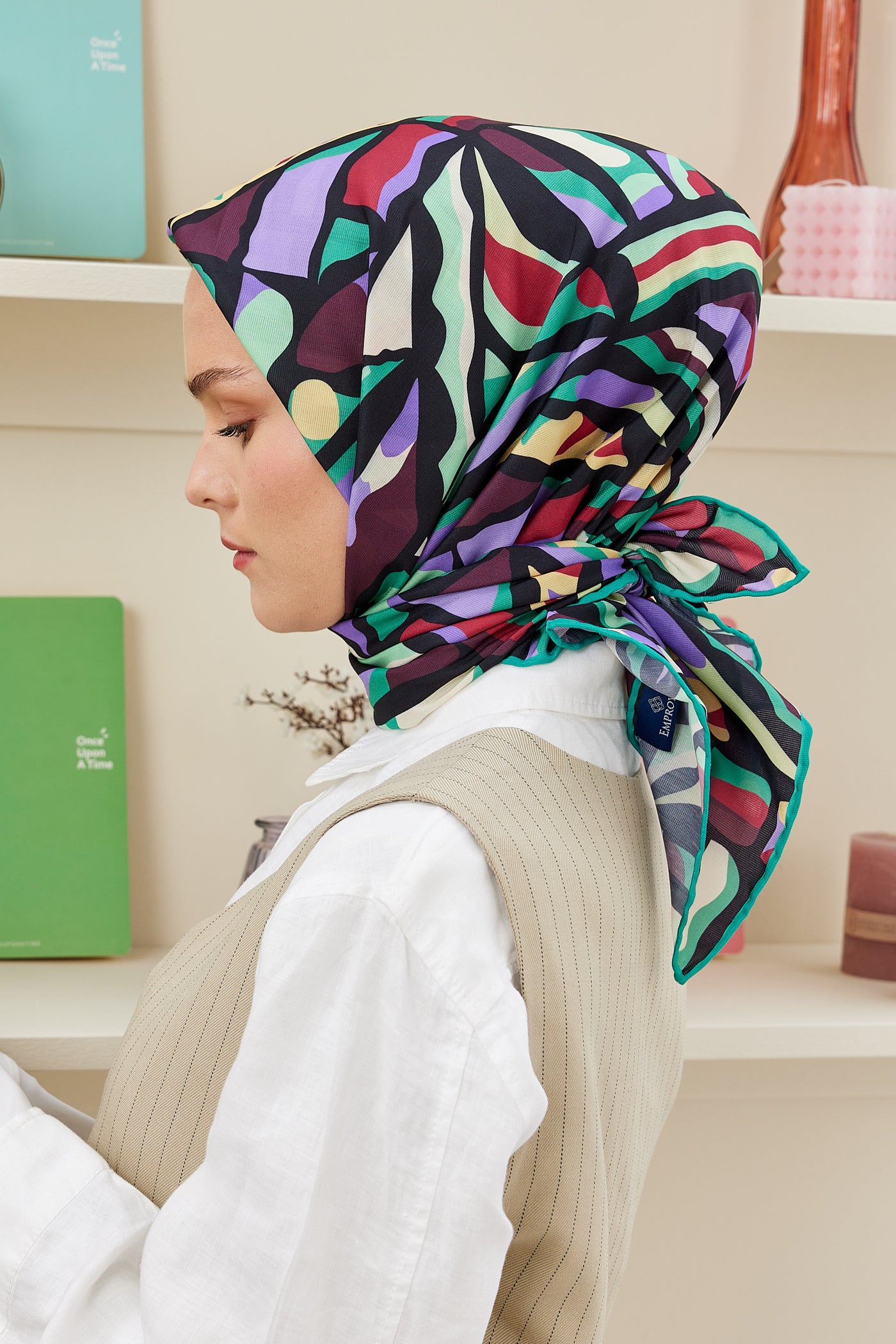 Tesettür Giyim - Pro Line Chloe Desen Eşarp - Siyah - Yeşil - Emproyal