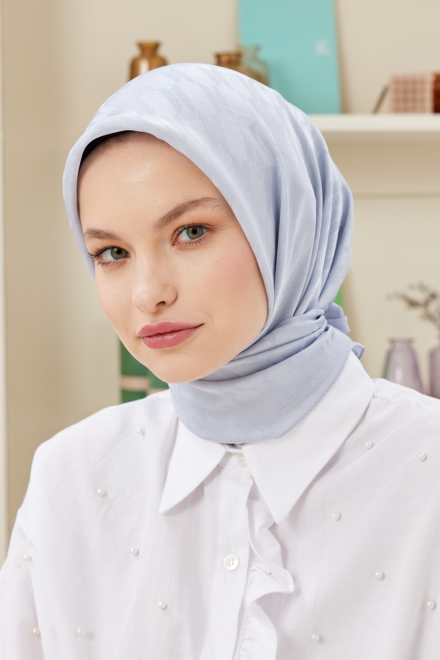 Tesettür Giyim - Jakar Janjan Zincir Desen Eşarp - Gümüş - Emproyal