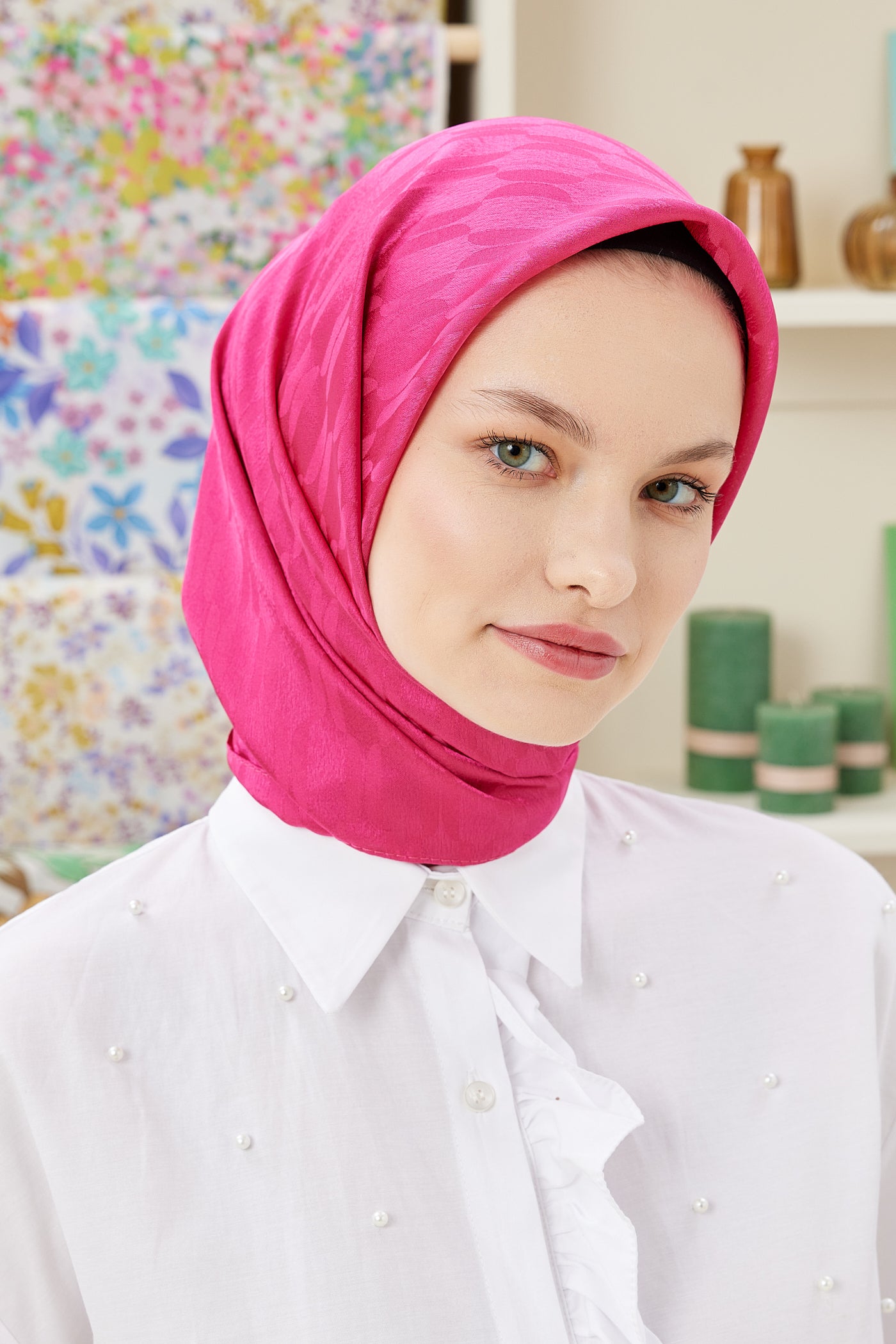 Tesettür Giyim - Jakar Janjan Zincir Desen Eşarp - Fuşya - Emproyal