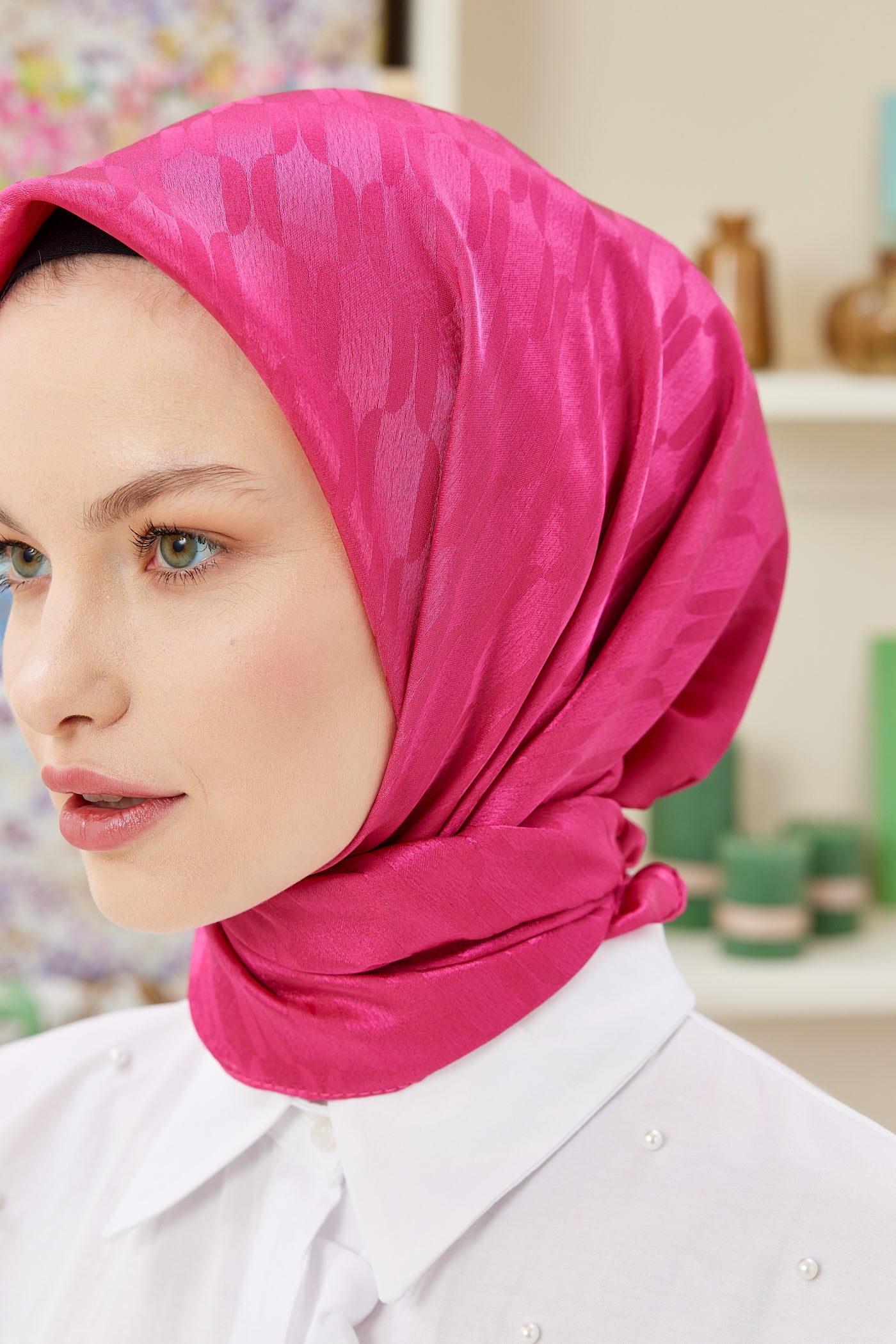 Tesettür Giyim - Jakar Janjan Zincir Desen Eşarp - Fuşya - Emproyal