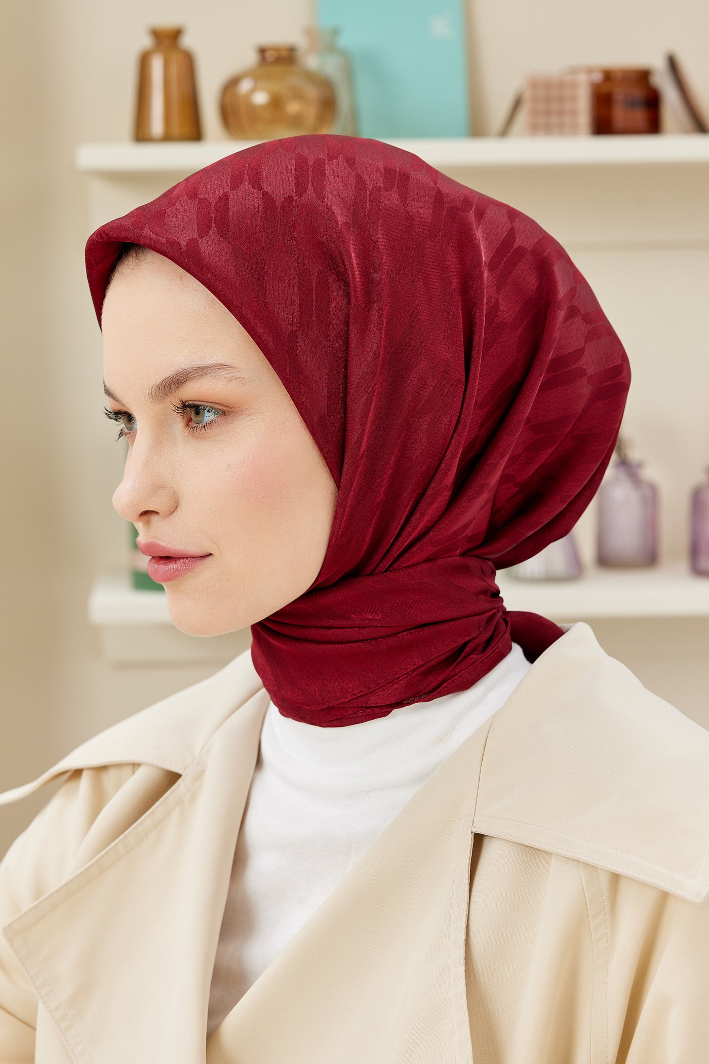 Tesettür Giyim - Jakar Janjan Zincir Desen Eşarp - Bordo - Emproyal