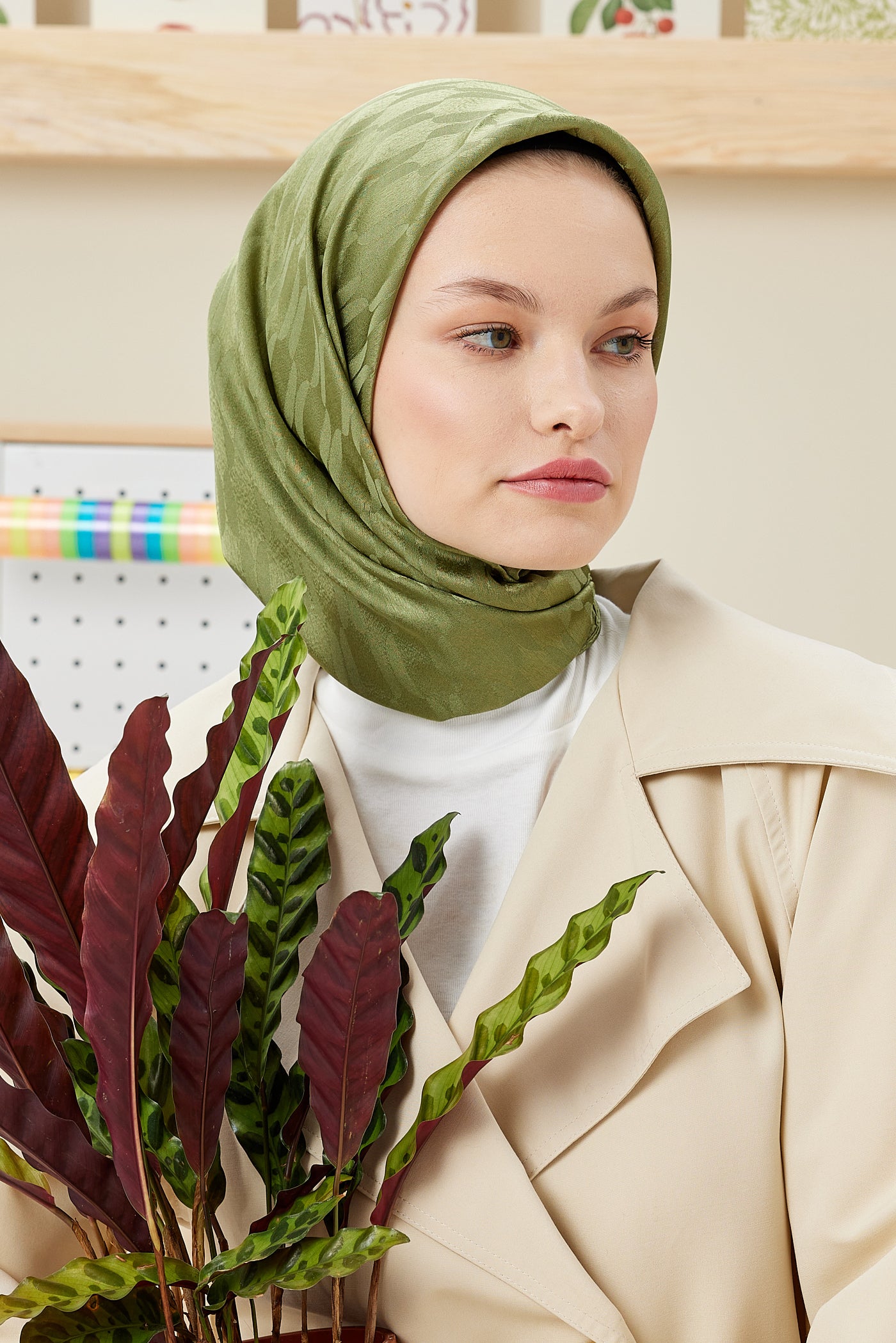 Tesettür Giyim - Jakar Janjan Zincir Desen Eşarp - Haki - Emproyal