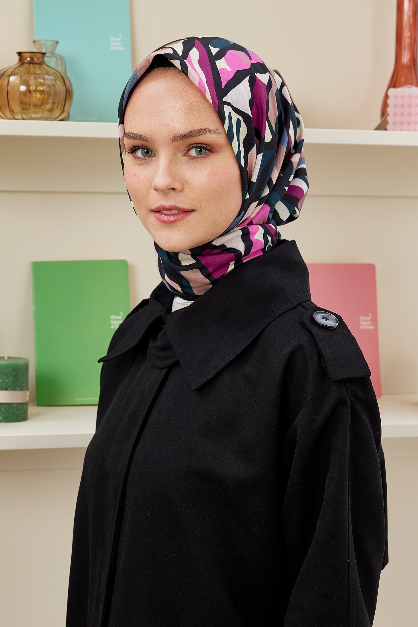 Tesettür Giyim - Pro Line Chloe Desen Eşarp - Siyah - Füme - Emproyal