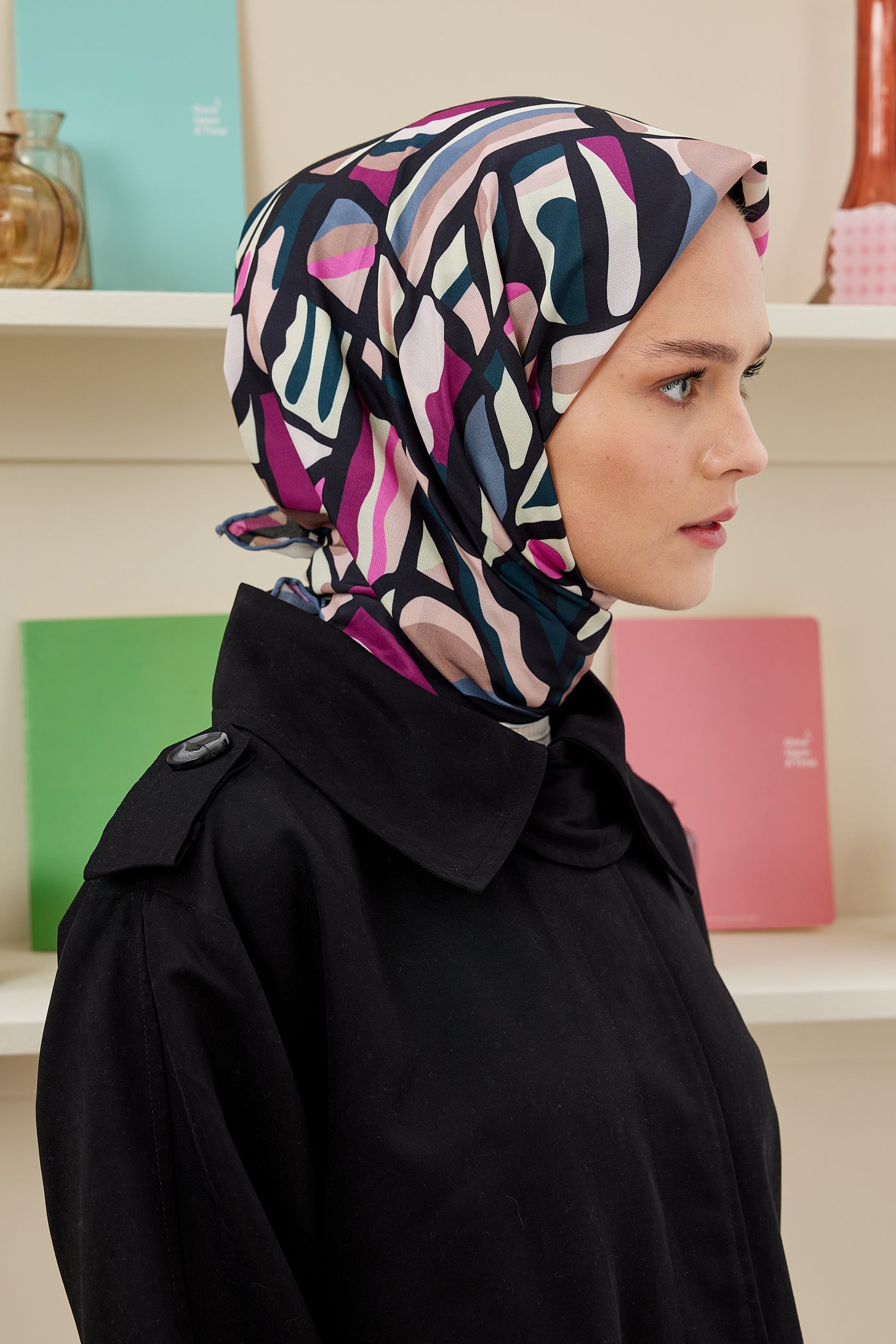 Tesettür Giyim - Pro Line Chloe Desen Eşarp - Siyah - Füme - Emproyal