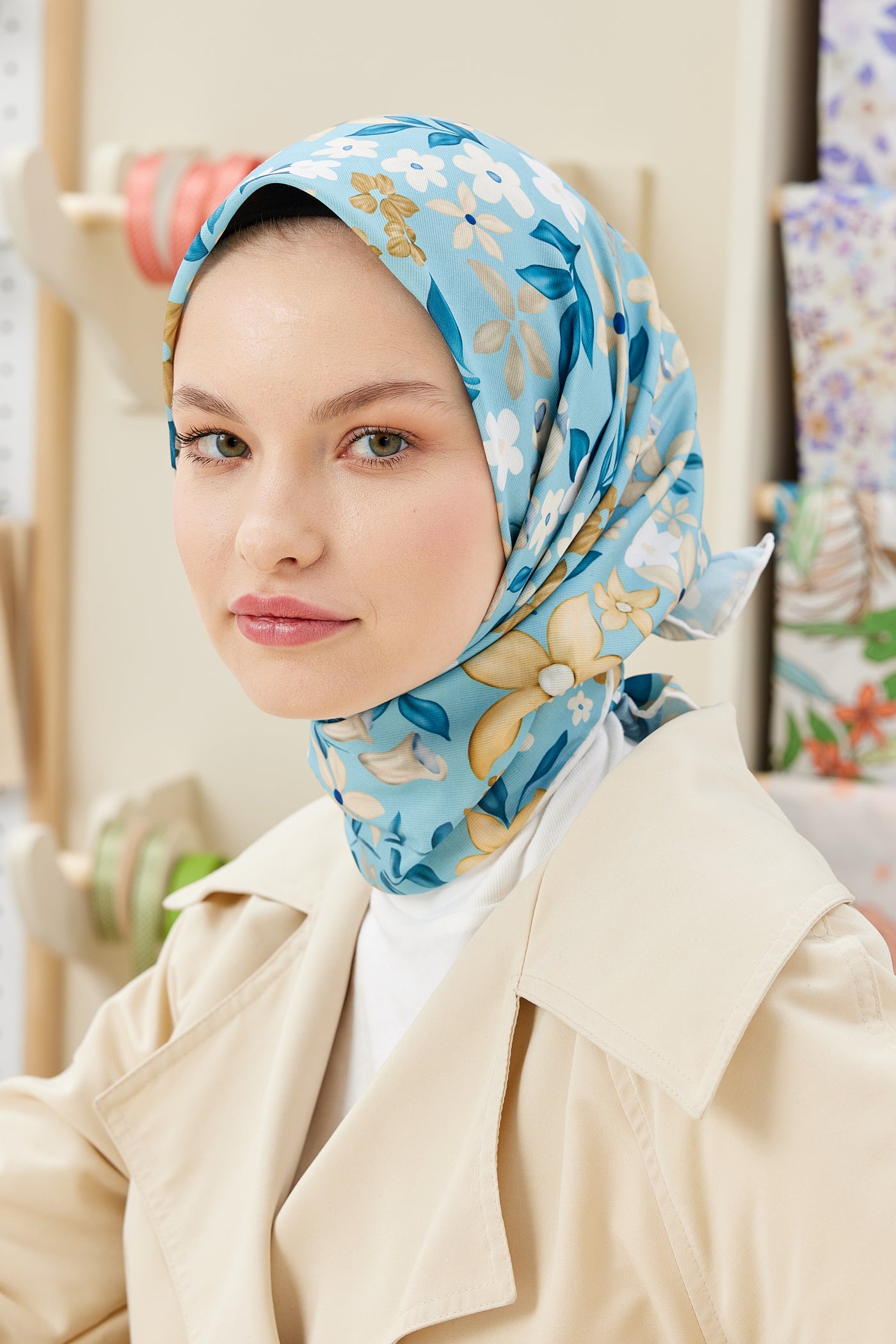 Tesettür Giyim - Pro Line Florie Desen Eşarp - Turkuaz - Beyaz - Emproyal