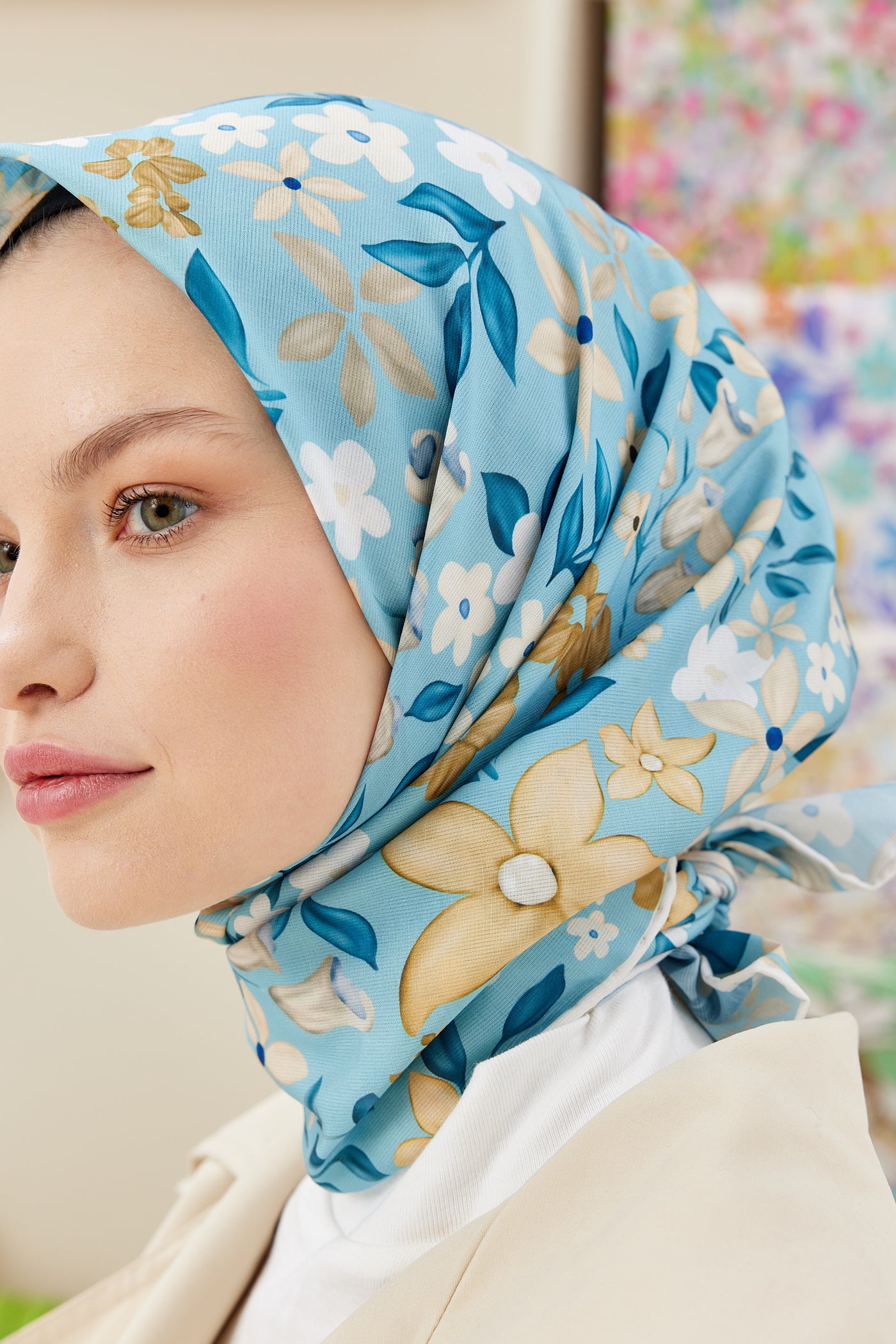 Tesettür Giyim - Pro Line Florie Desen Eşarp - Turkuaz - Beyaz - Emproyal