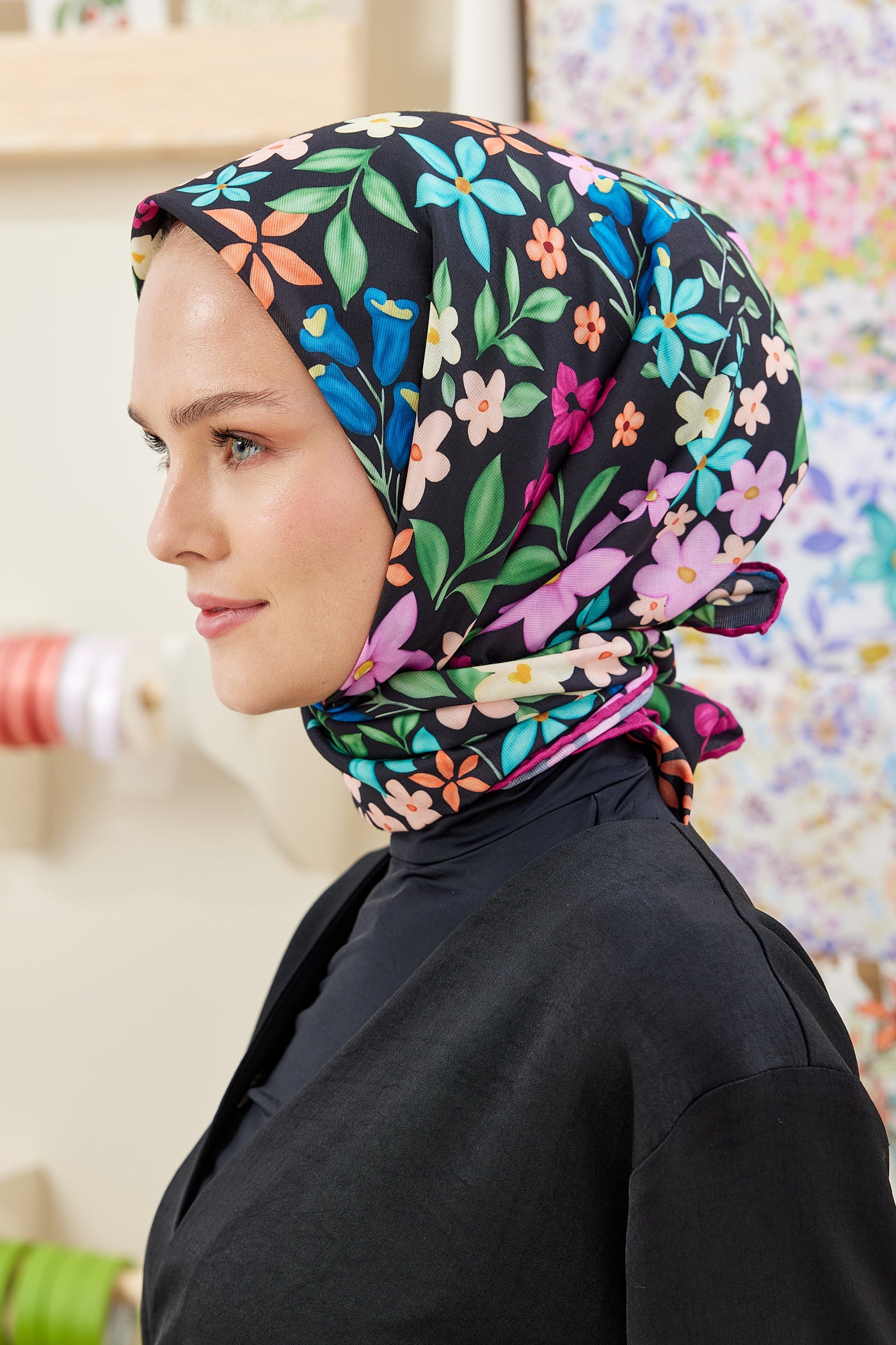 Tesettür Giyim - Pro Line Florie Desen Eşarp - Siyah - Fuşya - Emproyal