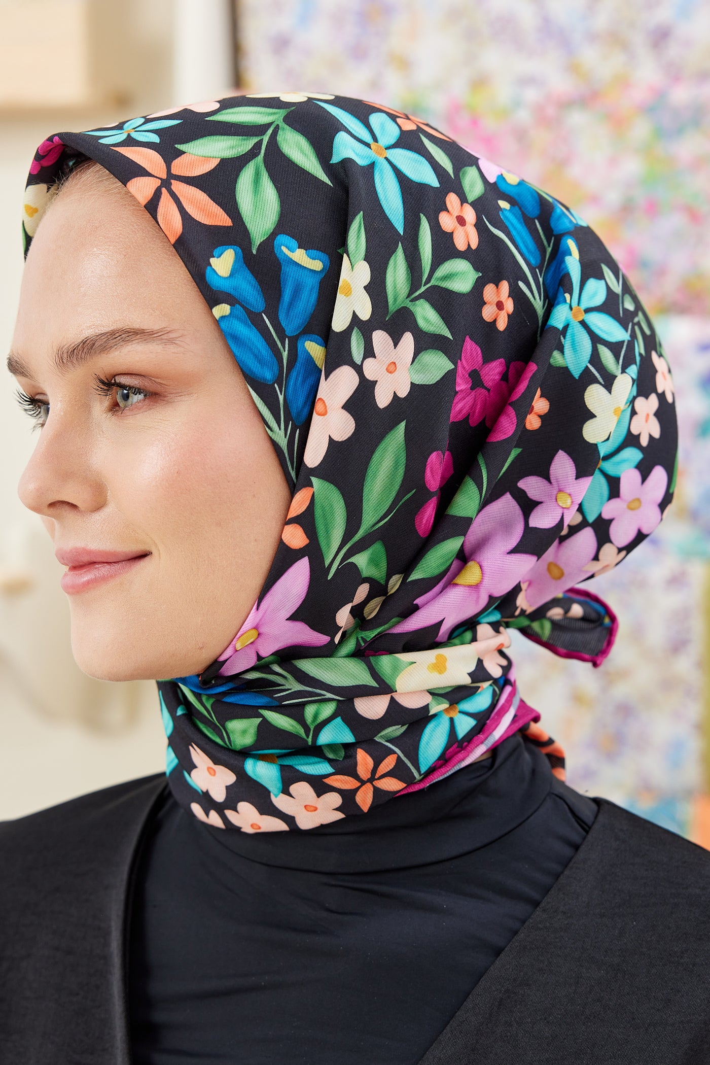 Tesettür Giyim - Pro Line Florie Desen Eşarp - Siyah - Fuşya - Emproyal