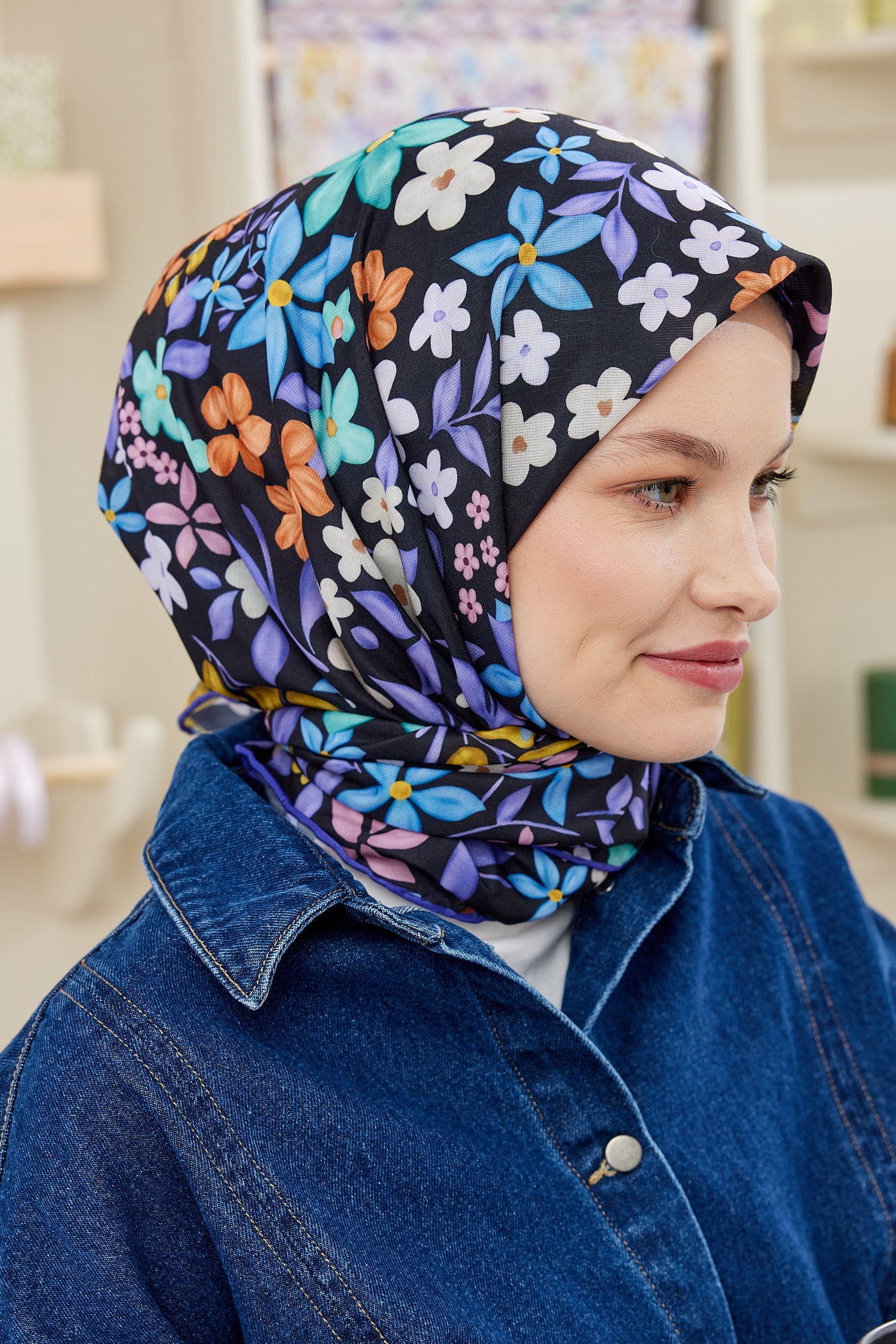 Tesettür Giyim - Pro Line Florie Desen Eşarp - Siyah - Lila - Emproyal