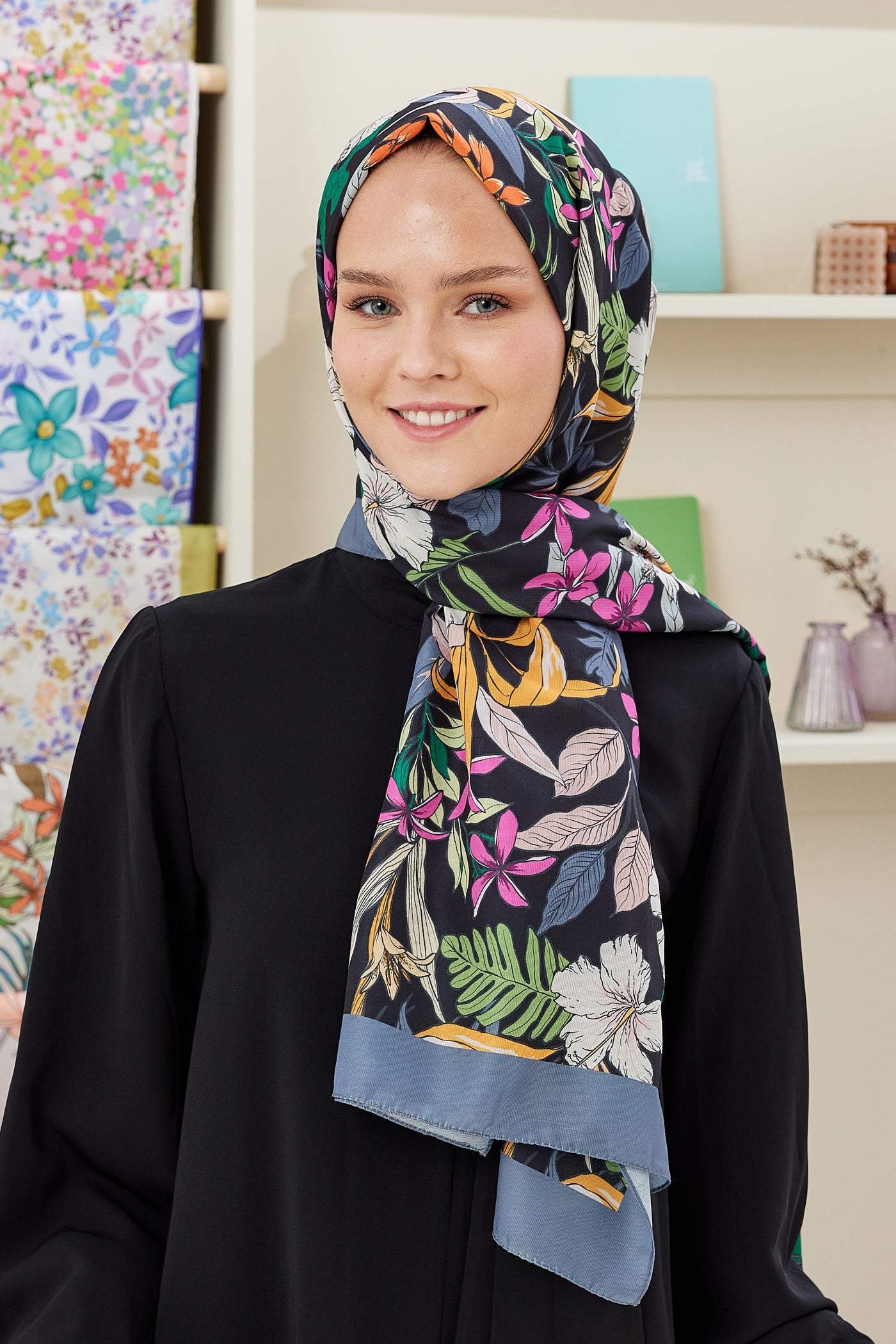 Tesettür Giyim - Pro Line Viola Desen Şal - Füme - Emproyal