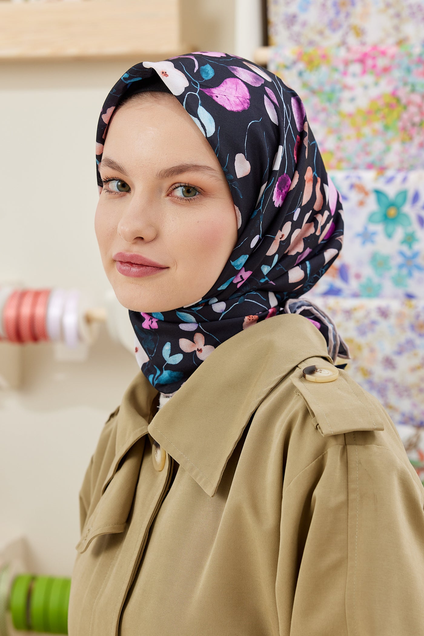 Tesettür Giyim - Pro Line Mimosa Desen Eşarp - Fuşya - Siyah - Emproyal