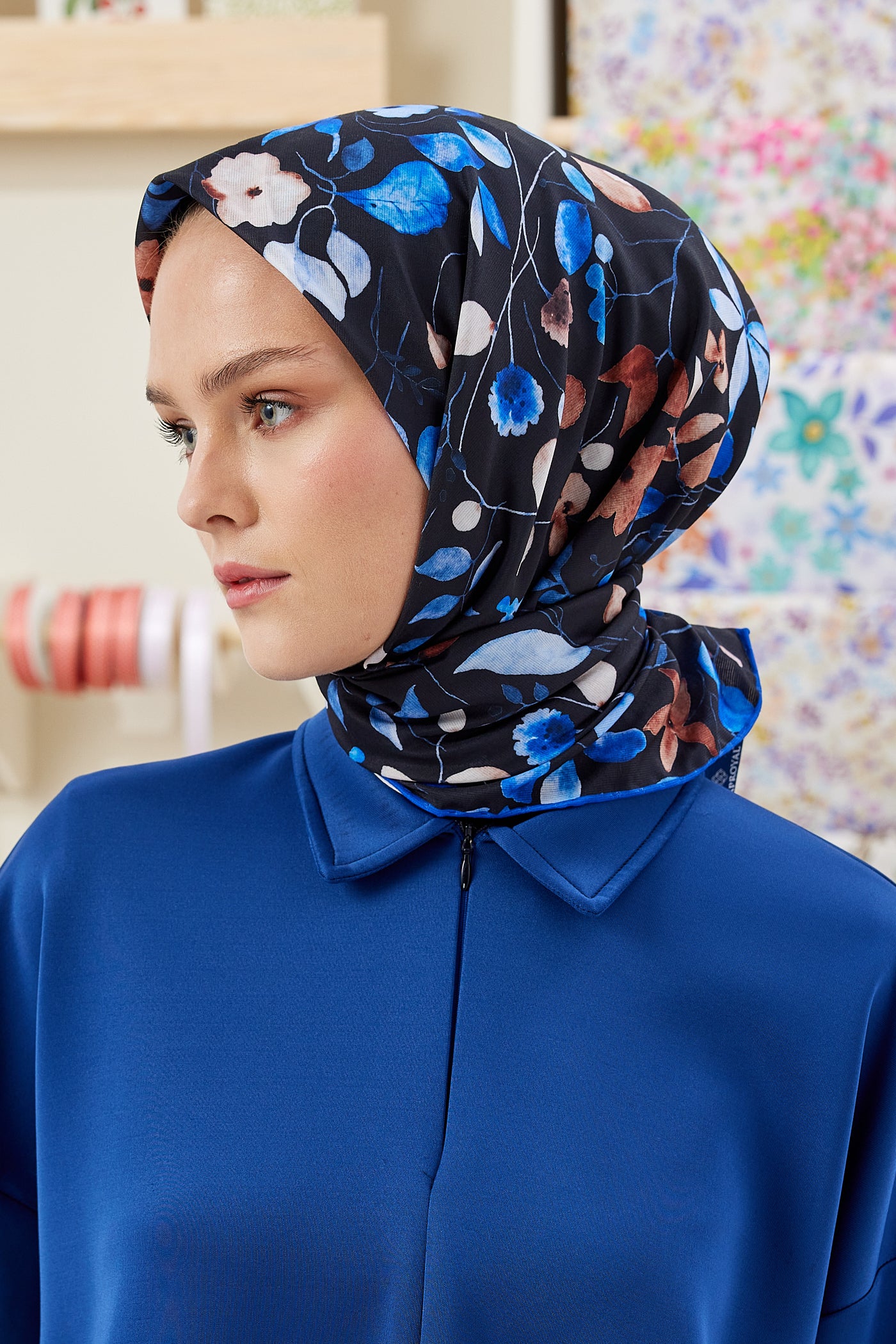 Tesettür Giyim - Pro Line Mimosa Desen Eşarp - Siyah - Saks - Emproyal