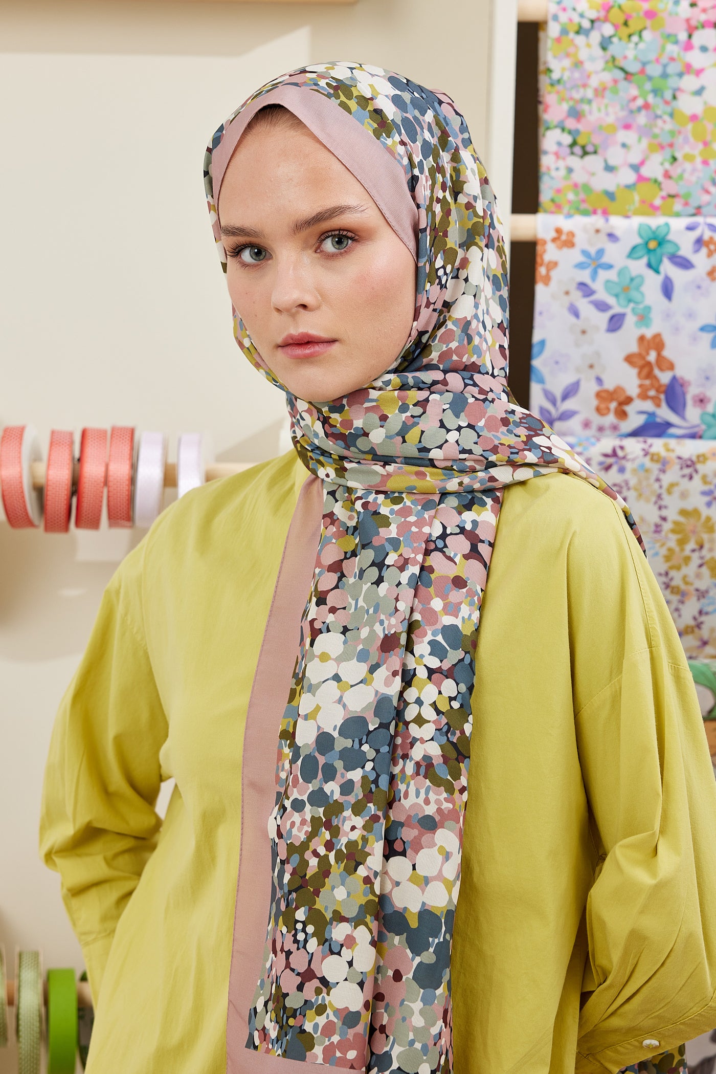 Tesettür Giyim - Pro Line Lavin Desen Şal - Gül Kurusu - Krem - Emproyal