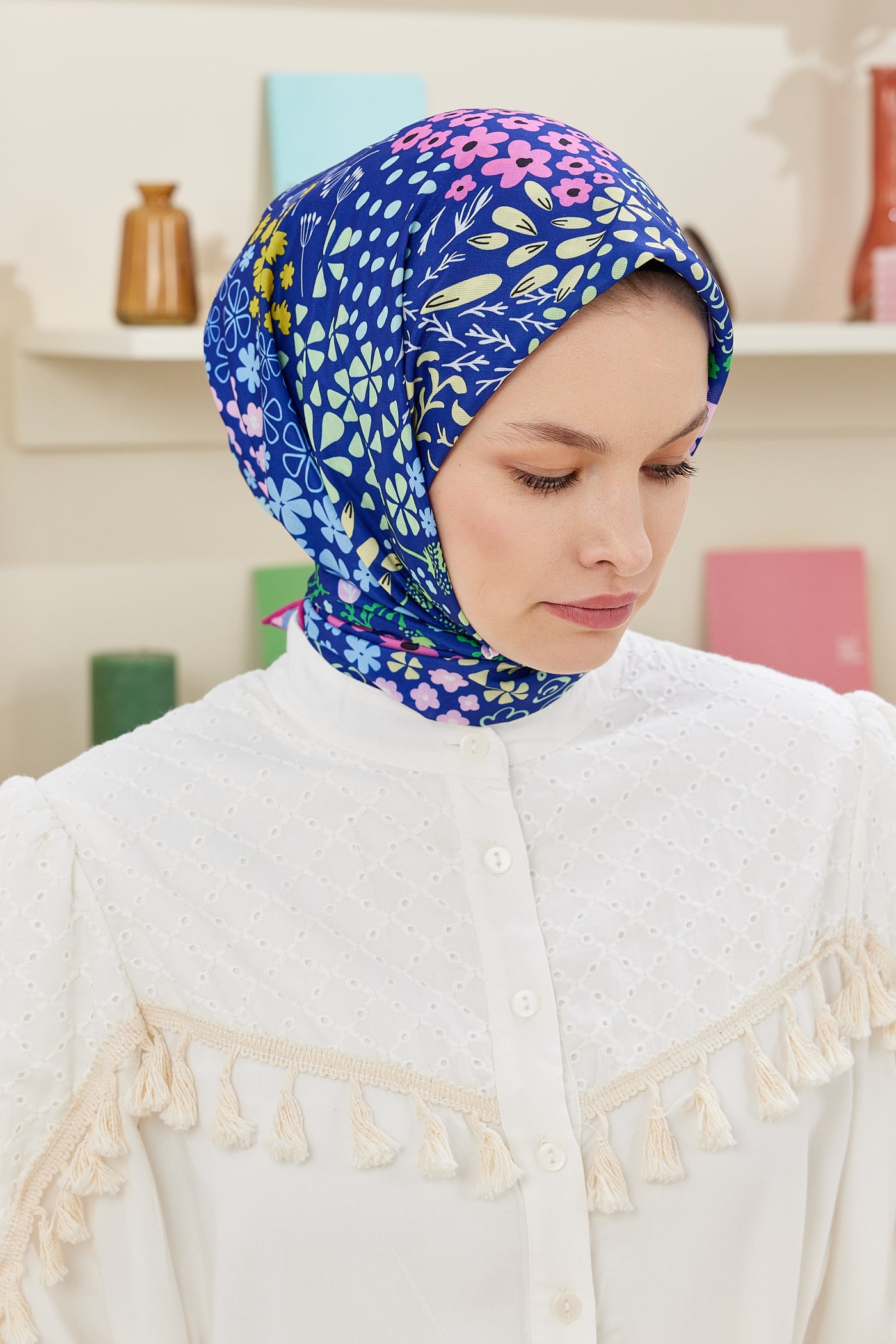 Tesettür Giyim - Pro Line Lina Desen Eşarp - Saks - Emproyal