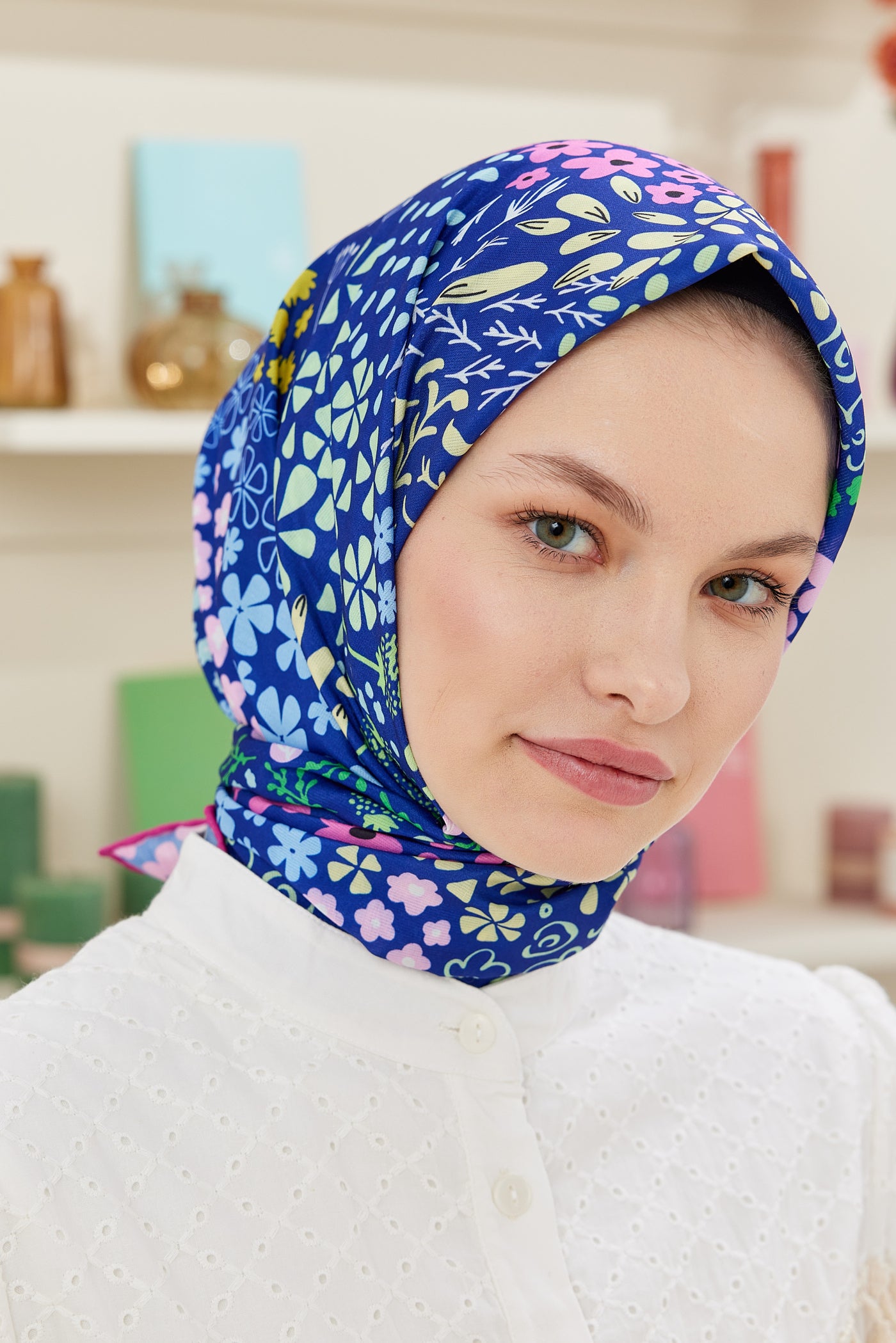 Tesettür Giyim - Pro Line Lina Desen Eşarp - Saks - Emproyal