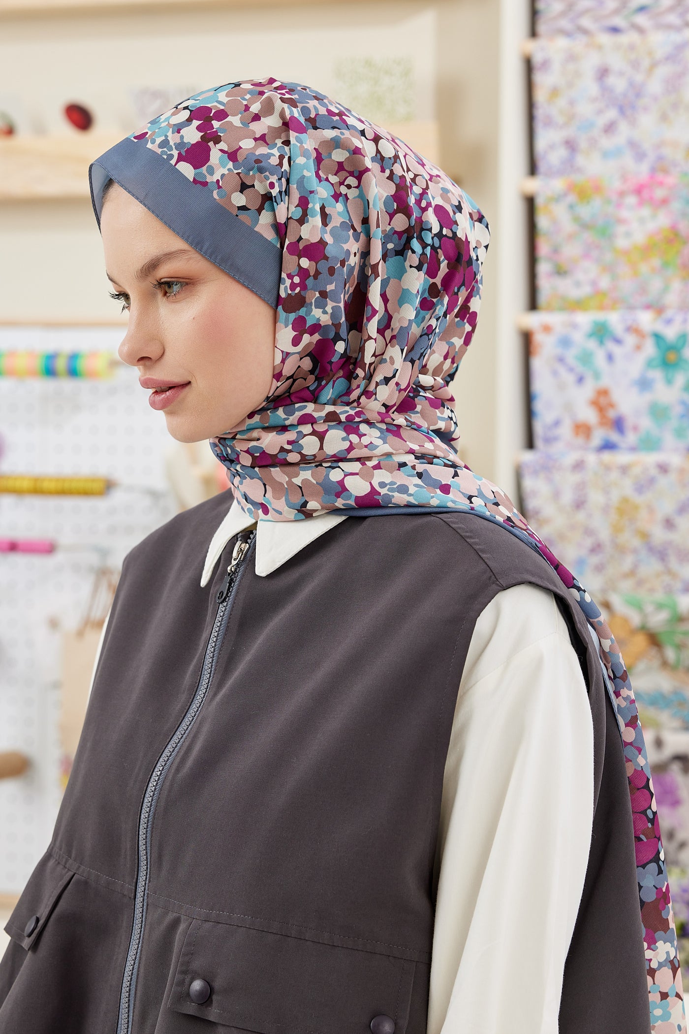 Tesettür Giyim - Pro Line Lavin Desen Şal - Füme - Fuşya - Emproyal