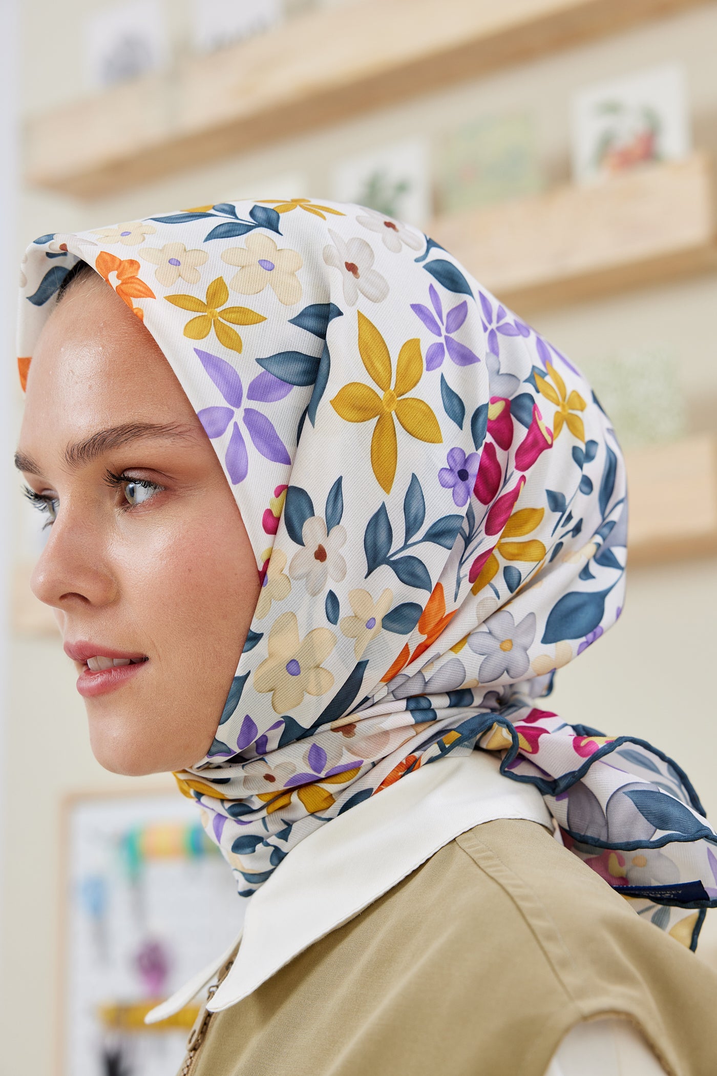 Tesettür Giyim - Pro Line Florie Desen Eşarp - Beyaz - Füme - Emproyal