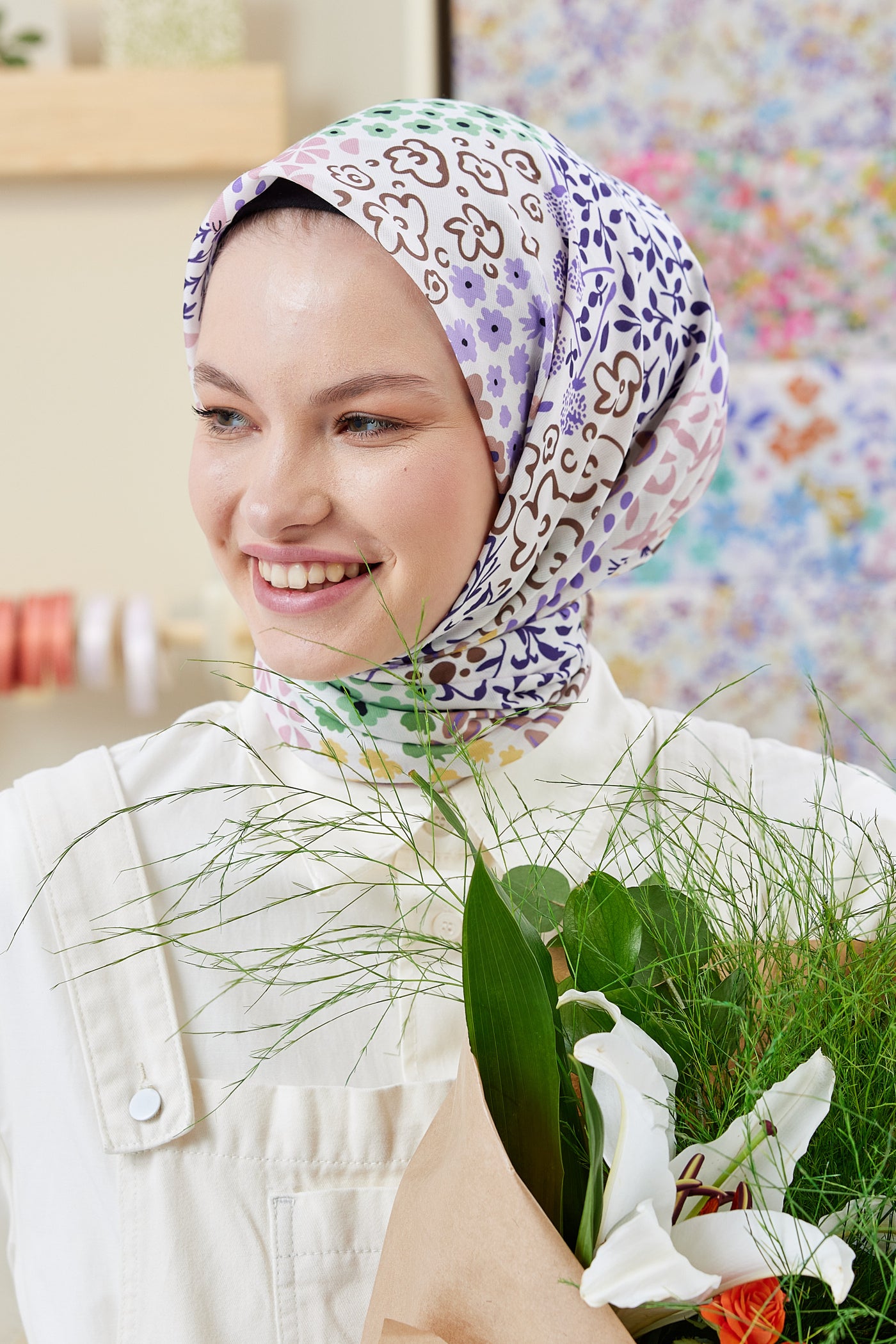 Tesettür Giyim - Pro Line Lina Desen Eşarp - Açık Pembe - Emproyal