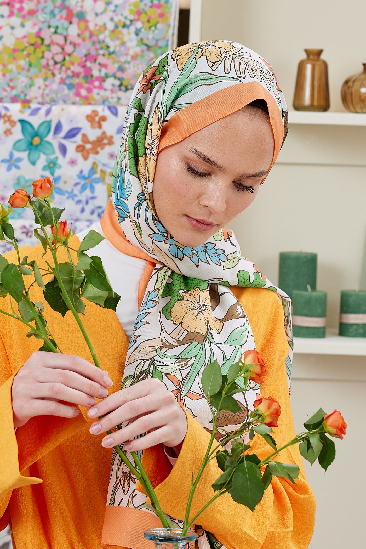 Tesettür Giyim - Pro Line Viola Desen Şal - Turuncu - Emproyal