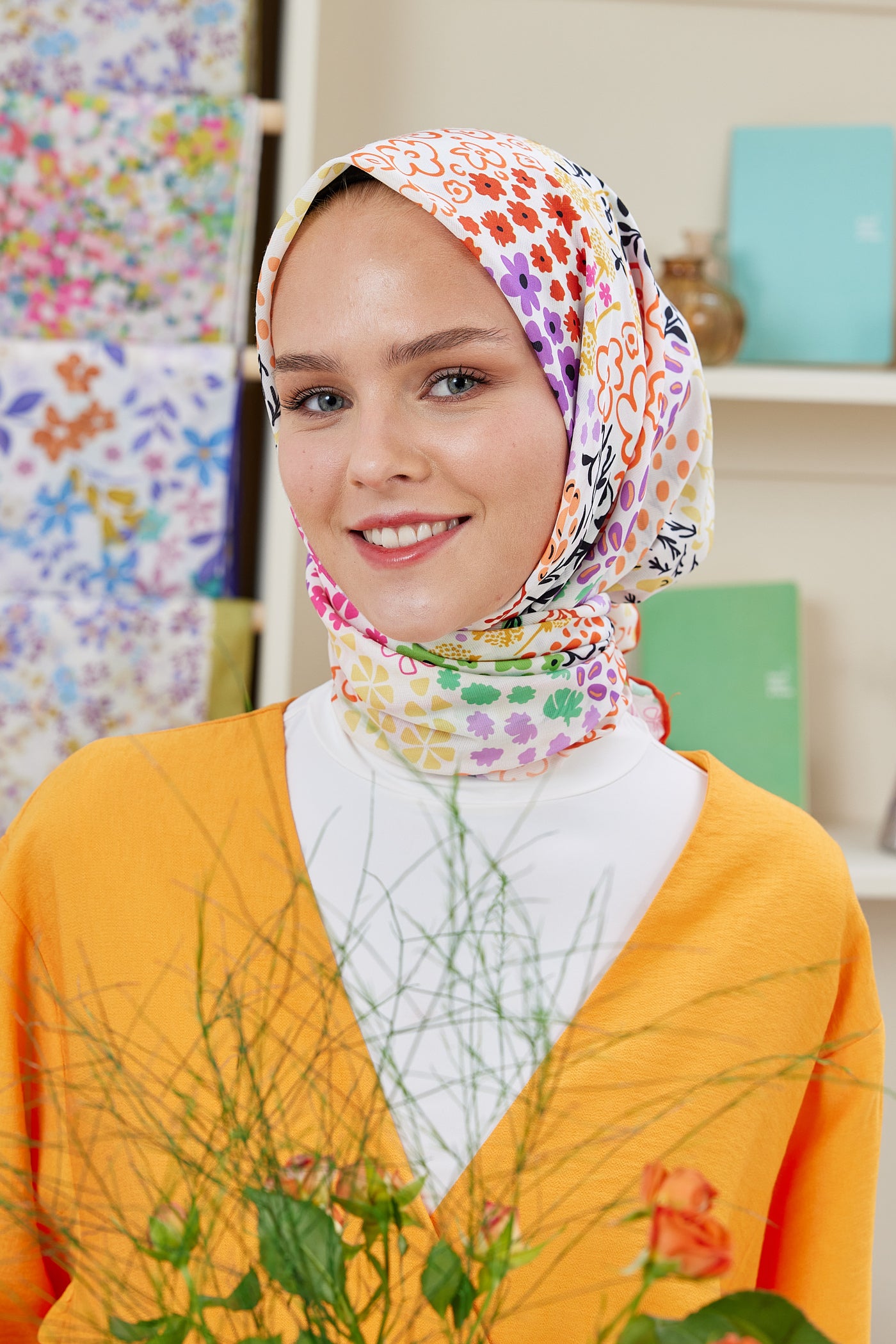 Tesettür Giyim - Pro Line Lina Desen Eşarp - Orange - Emproyal