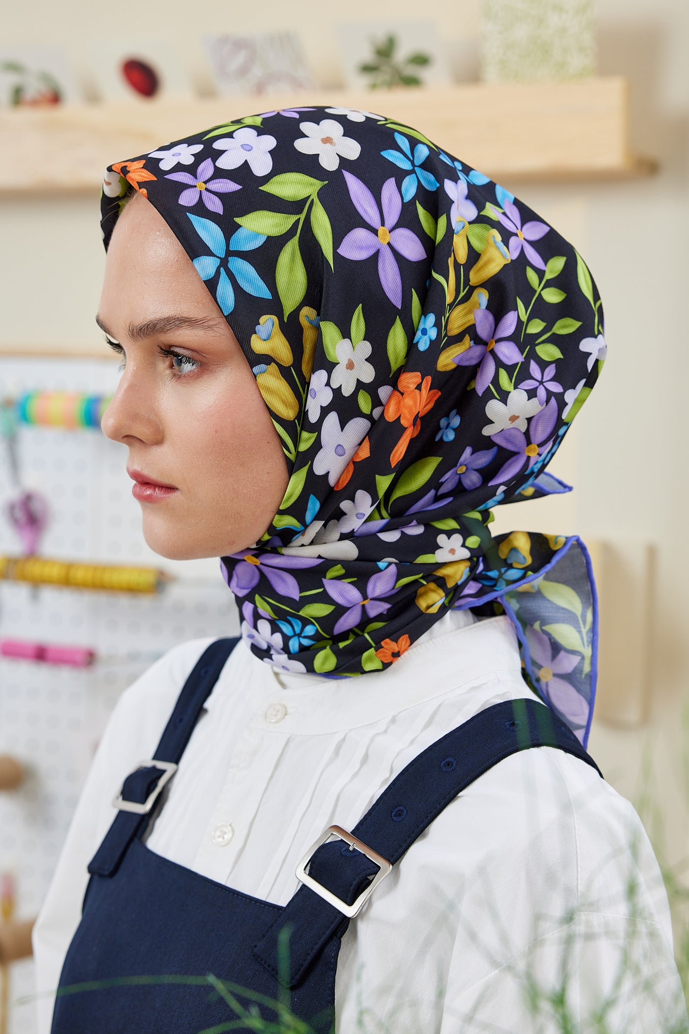 Tesettür Giyim - Pro Line Florie Desen Eşarp - Siyah - Mor - Emproyal