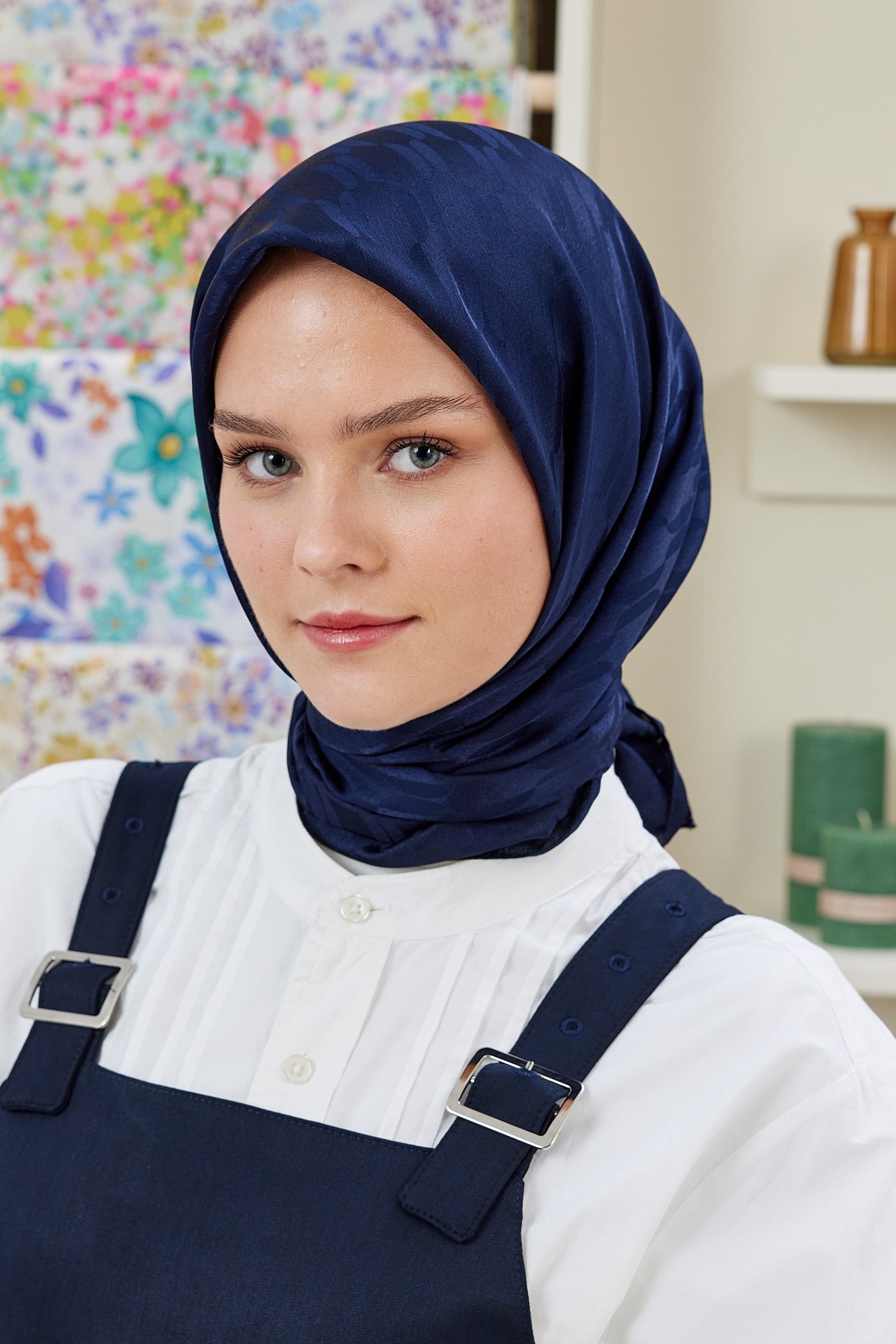 Tesettür Giyim - Jakar Janjan Zincir Desen Eşarp - Saks - Mavi - Emproyal