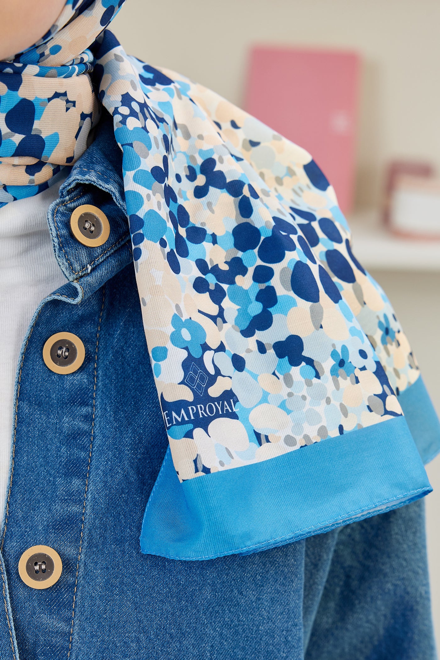 Tesettür Giyim - Pro Line Lavin Desen Şal - Gök Mavisi - Emproyal