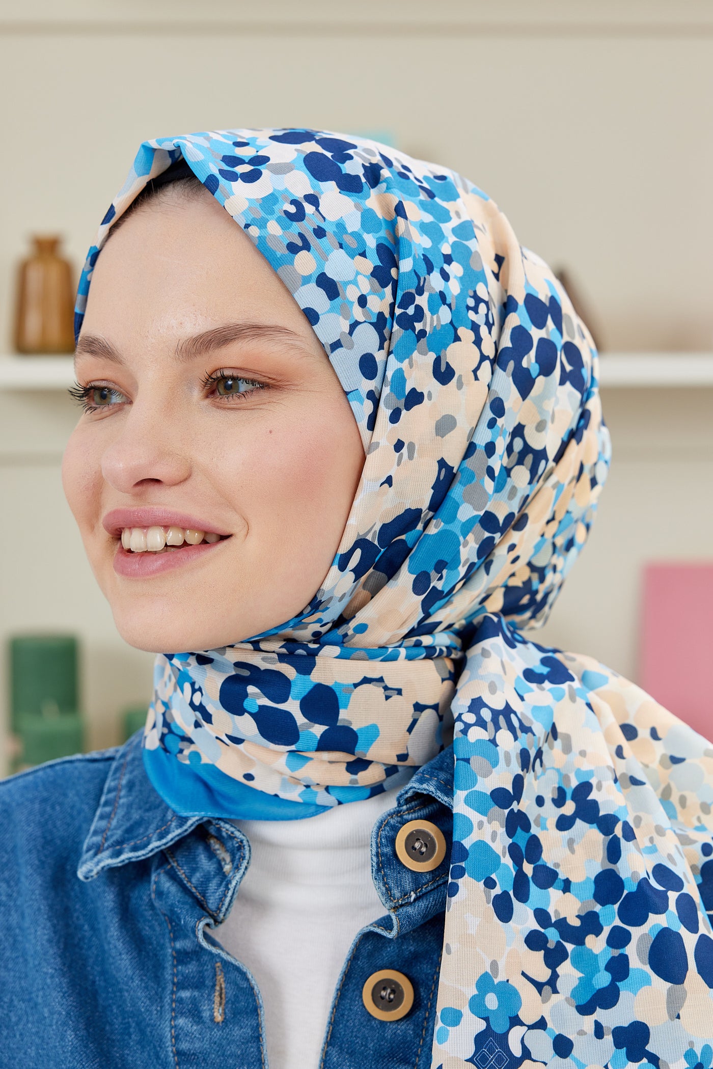 Tesettür Giyim - Pro Line Lavin Desen Şal - Gök Mavisi - Emproyal