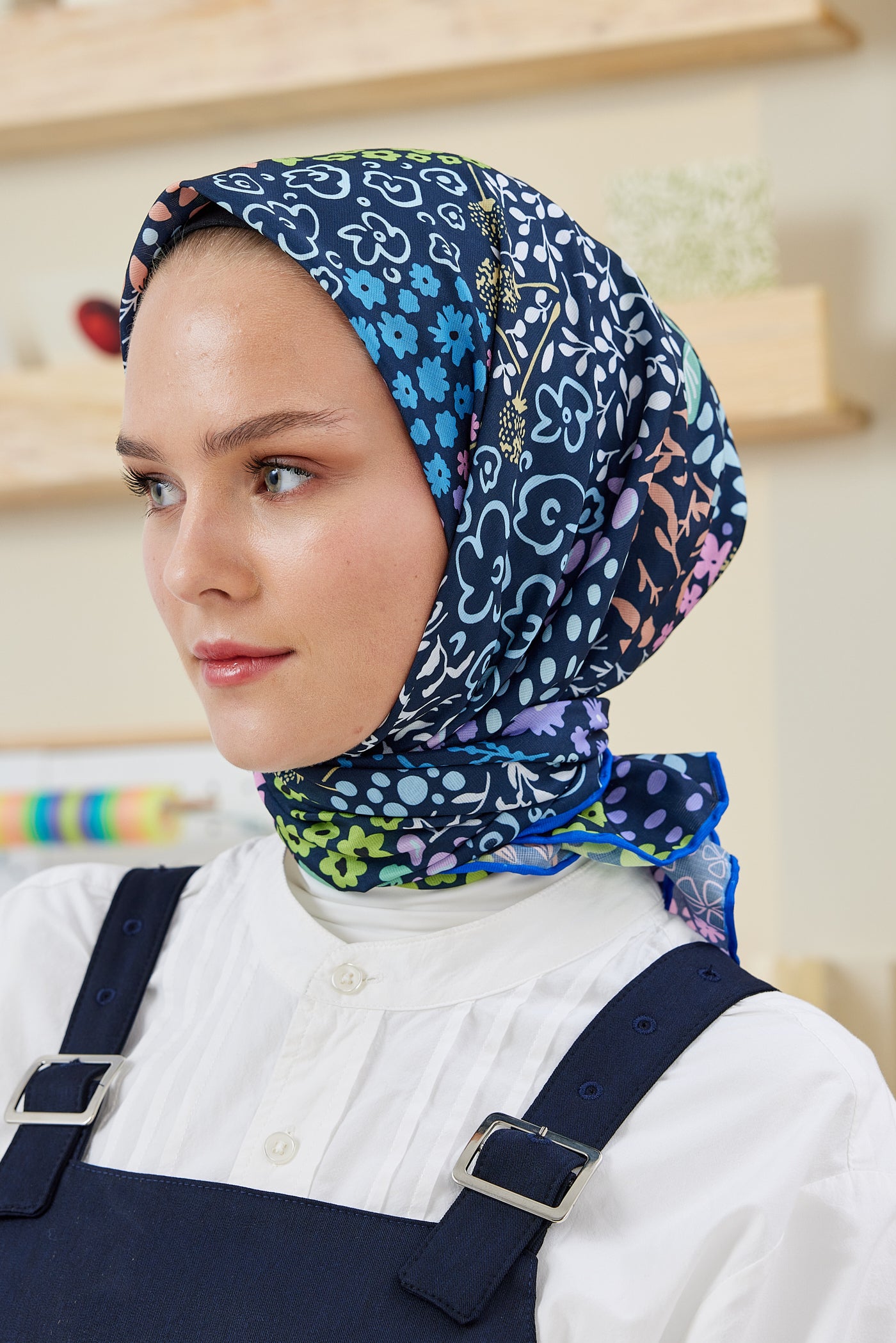 Tesettür Giyim - Pro Line Lina Desen Eşarp - Lacivert - Emproyal