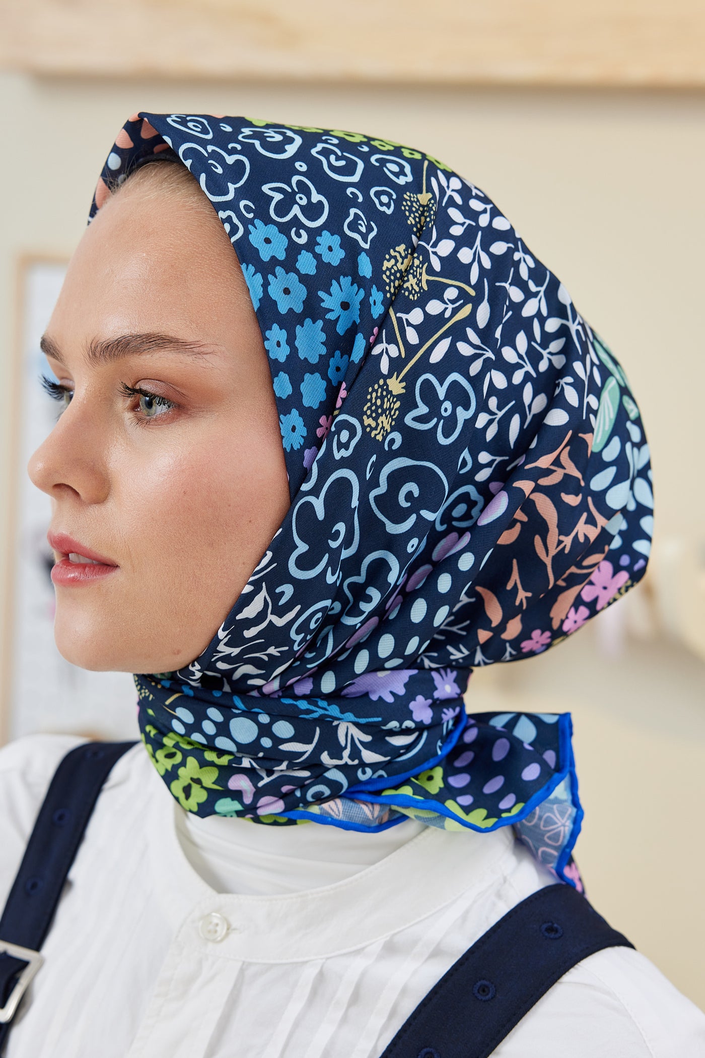 Tesettür Giyim - Pro Line Lina Desen Eşarp - Lacivert - Emproyal