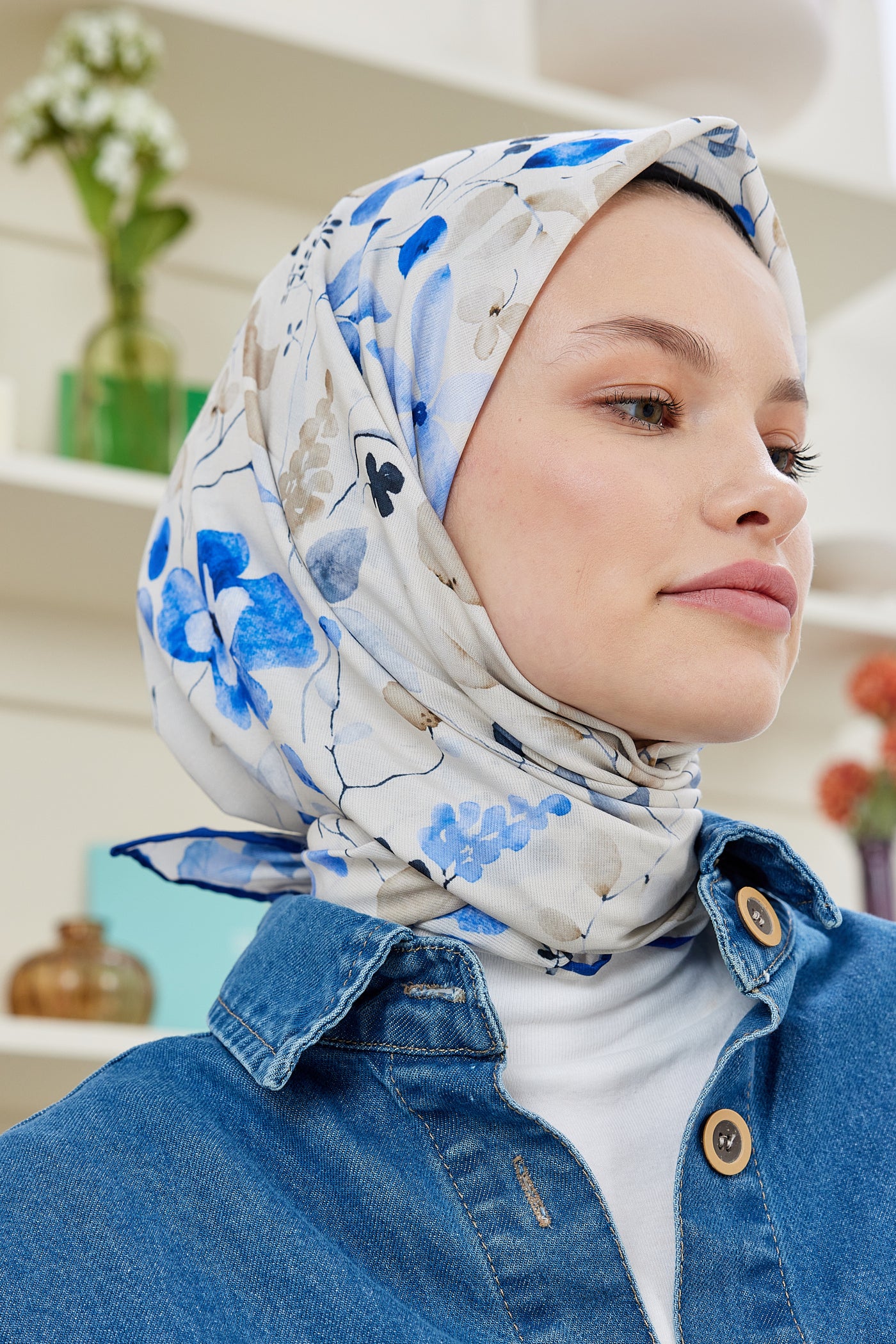 Tesettür Giyim - Pro Line Mimosa Desen Eşarp - Bej - Mavi - Emproyal