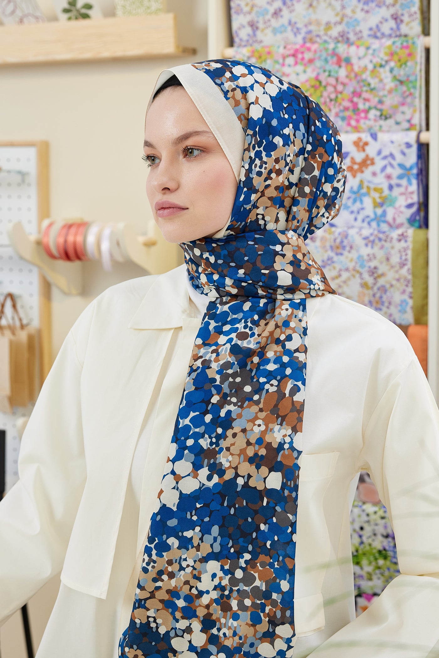 Tesettür Giyim - Pro Line Lavin Desen Şal - Lacivert - Ekru - Emproyal