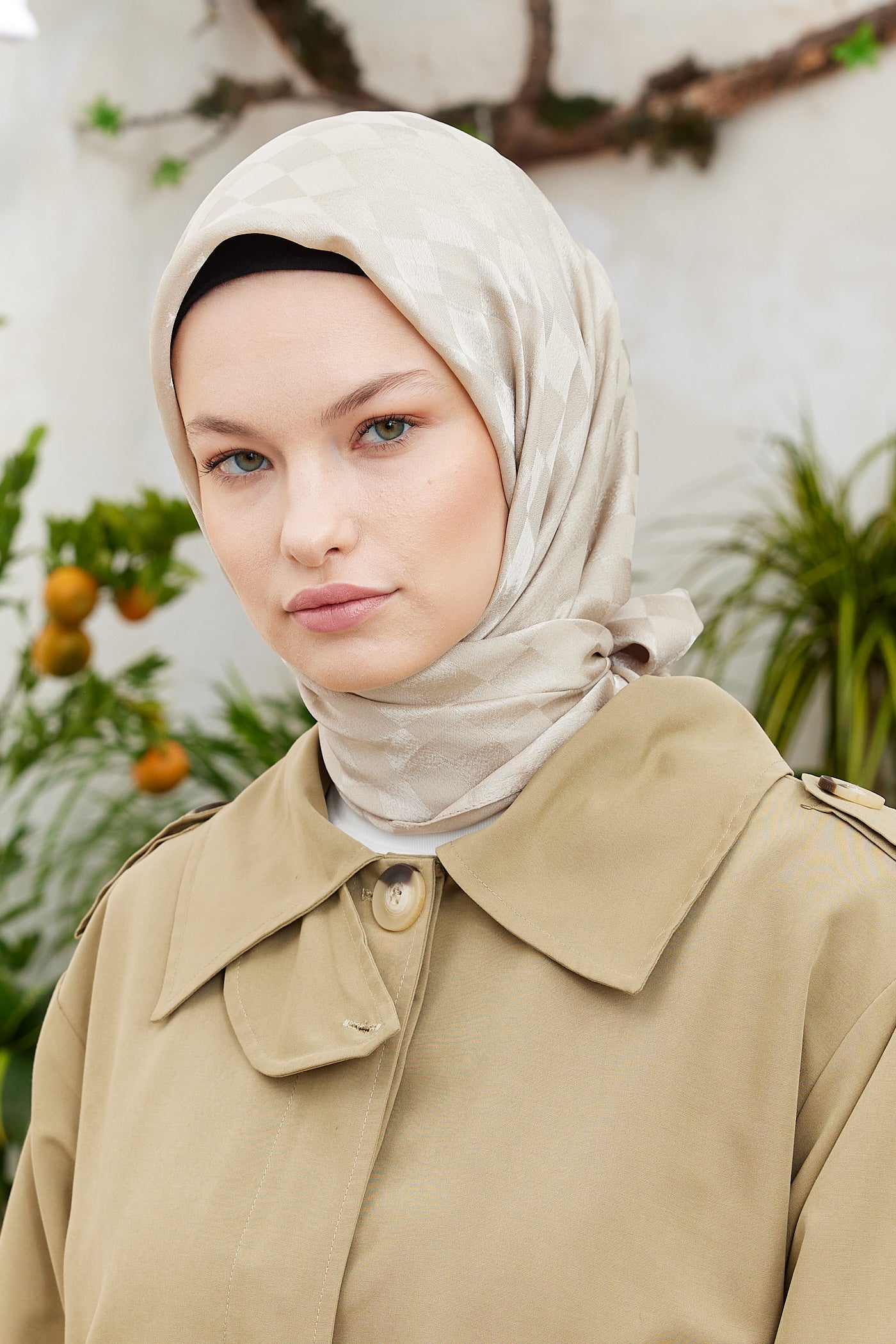 Tesettür Giyim - Jakar Janjan Dama Desen Eşarp - Bej - Emproyal