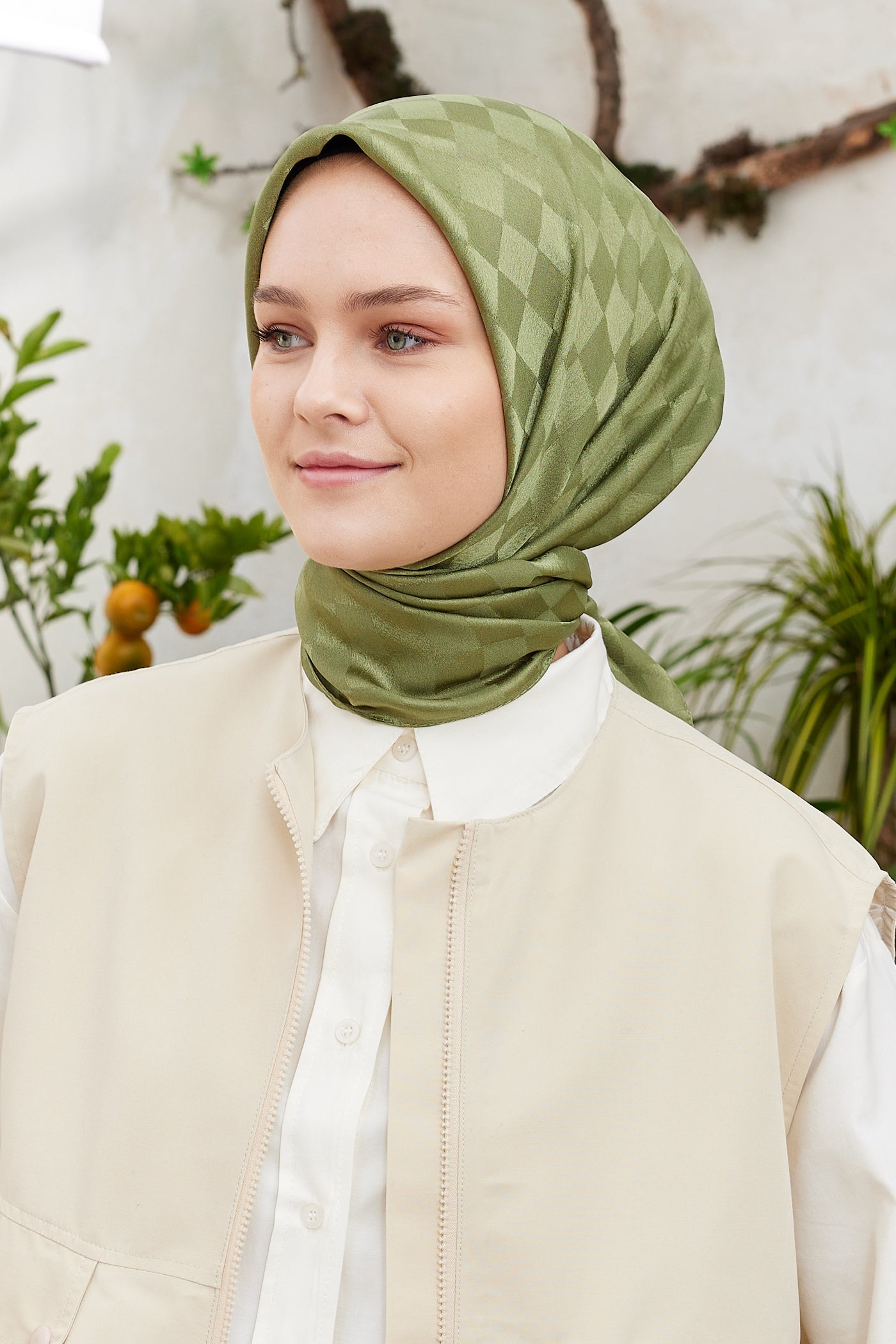 Tesettür Giyim - Jakar Janjan Dama Desen Eşarp - Haki - Emproyal