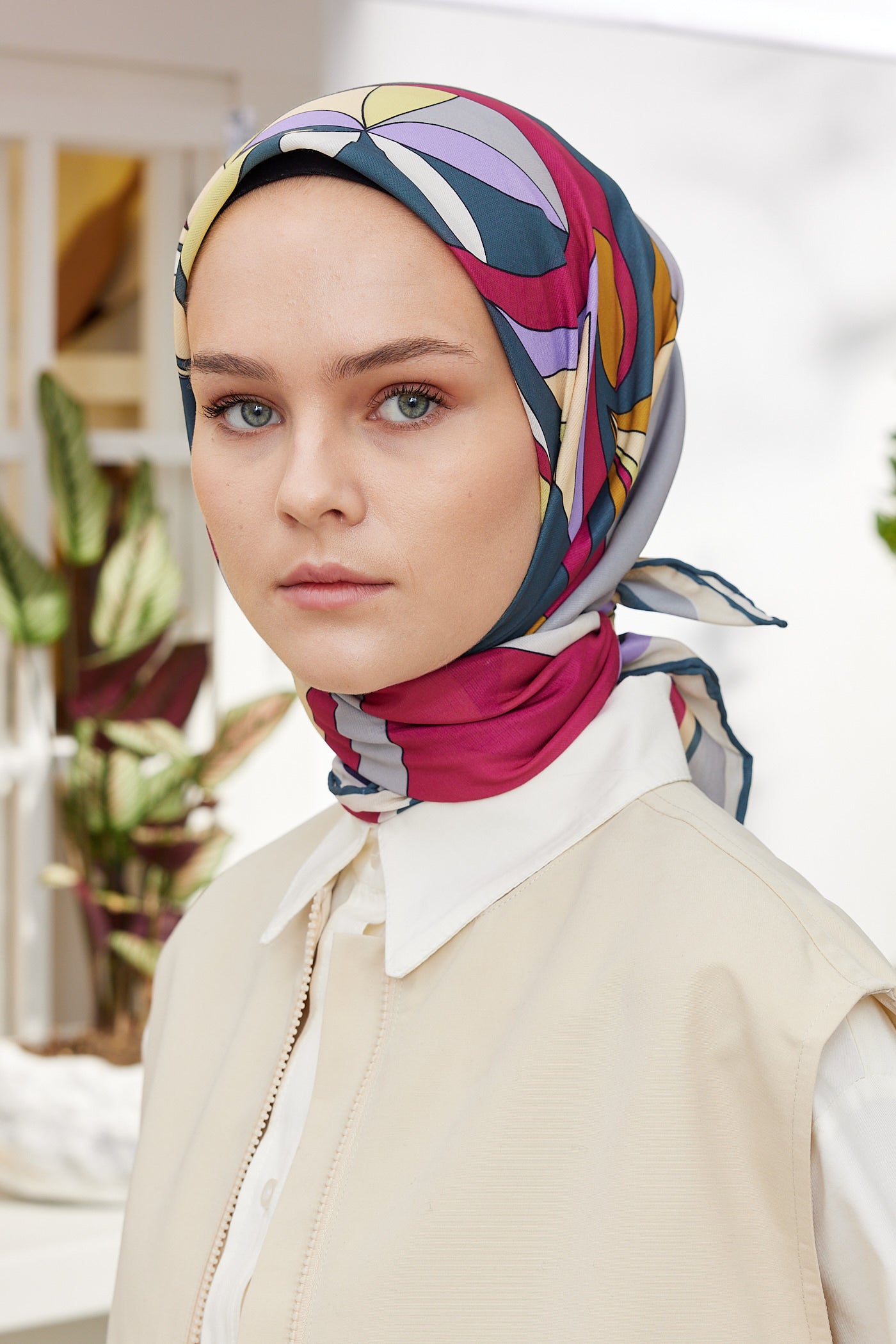 Tesettür Giyim - Pro Line Melinda Desen Eşarp - Gri - Fuşya - Emproyal