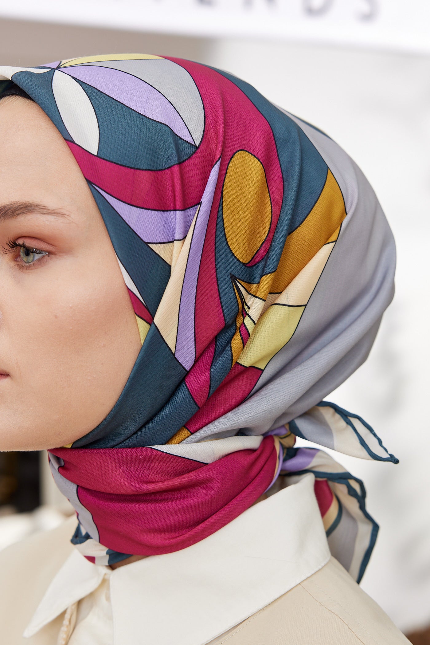 Tesettür Giyim - Pro Line Melinda Desen Eşarp - Gri - Fuşya - Emproyal