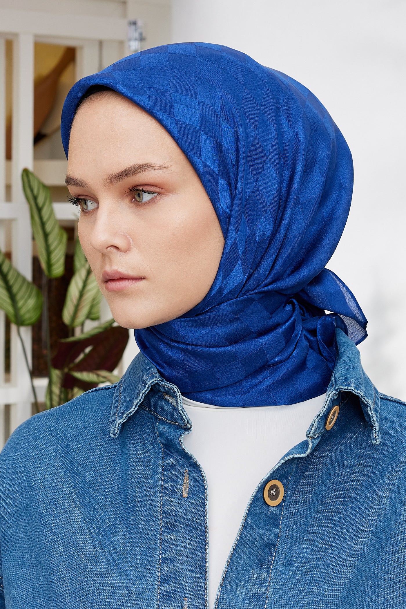 Tesettür Giyim - Jakar Janjan Dama Desen Eşarp - Saks - Mavi - Emproyal