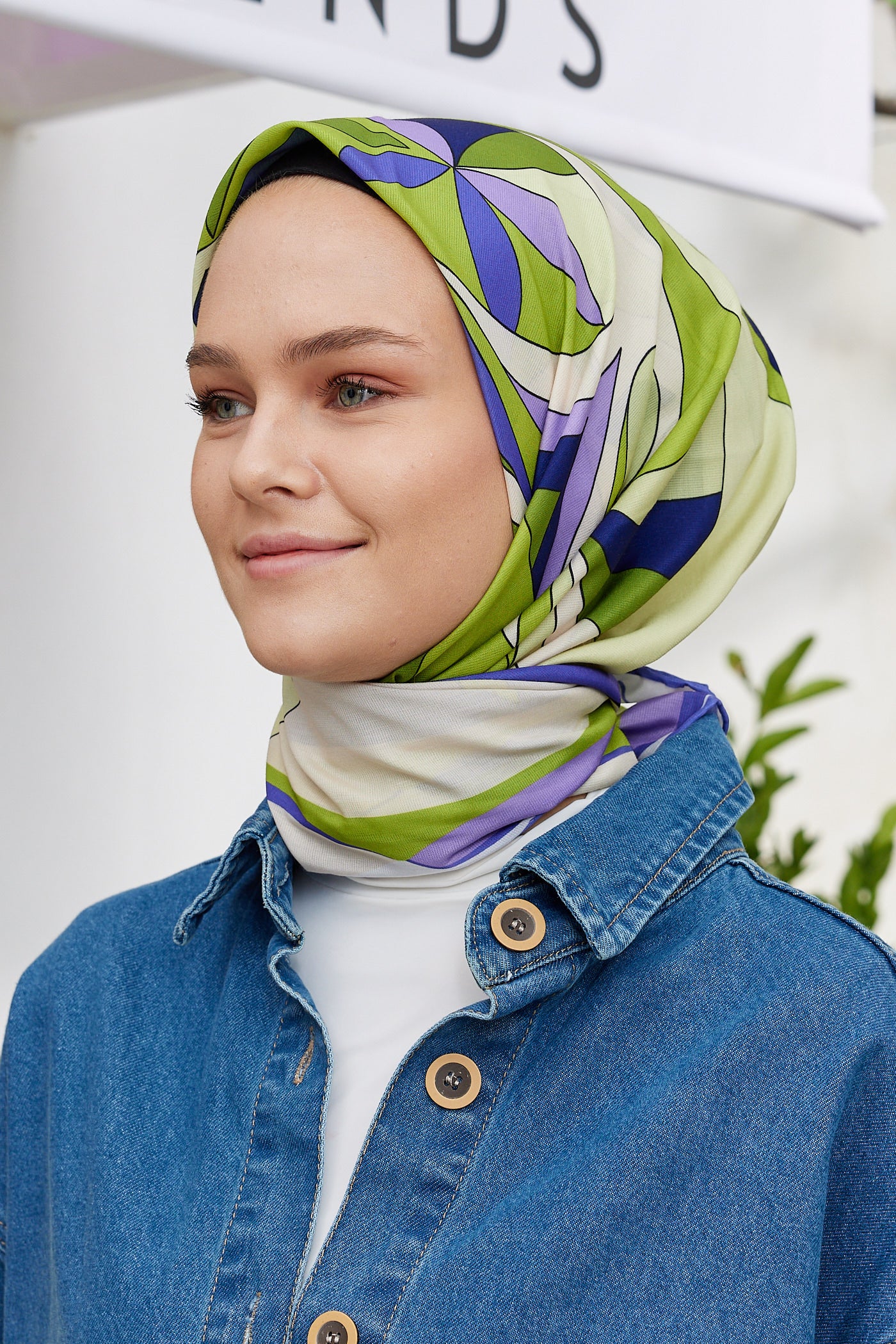 Tesettür Giyim - Pro Line Melinda Desen Eşarp - Yağ Yeşili - Lila - Emproyal