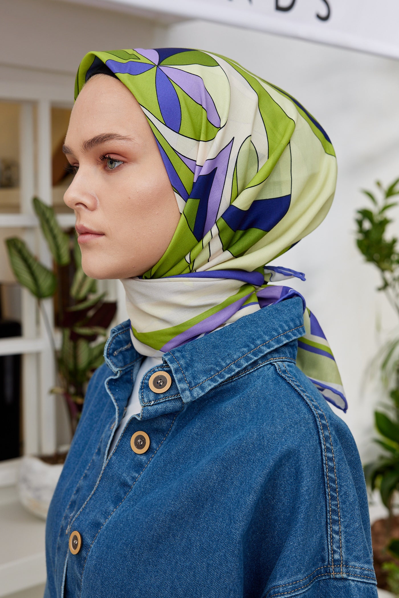 Tesettür Giyim - Pro Line Melinda Desen Eşarp - Yağ Yeşili - Lila - Emproyal