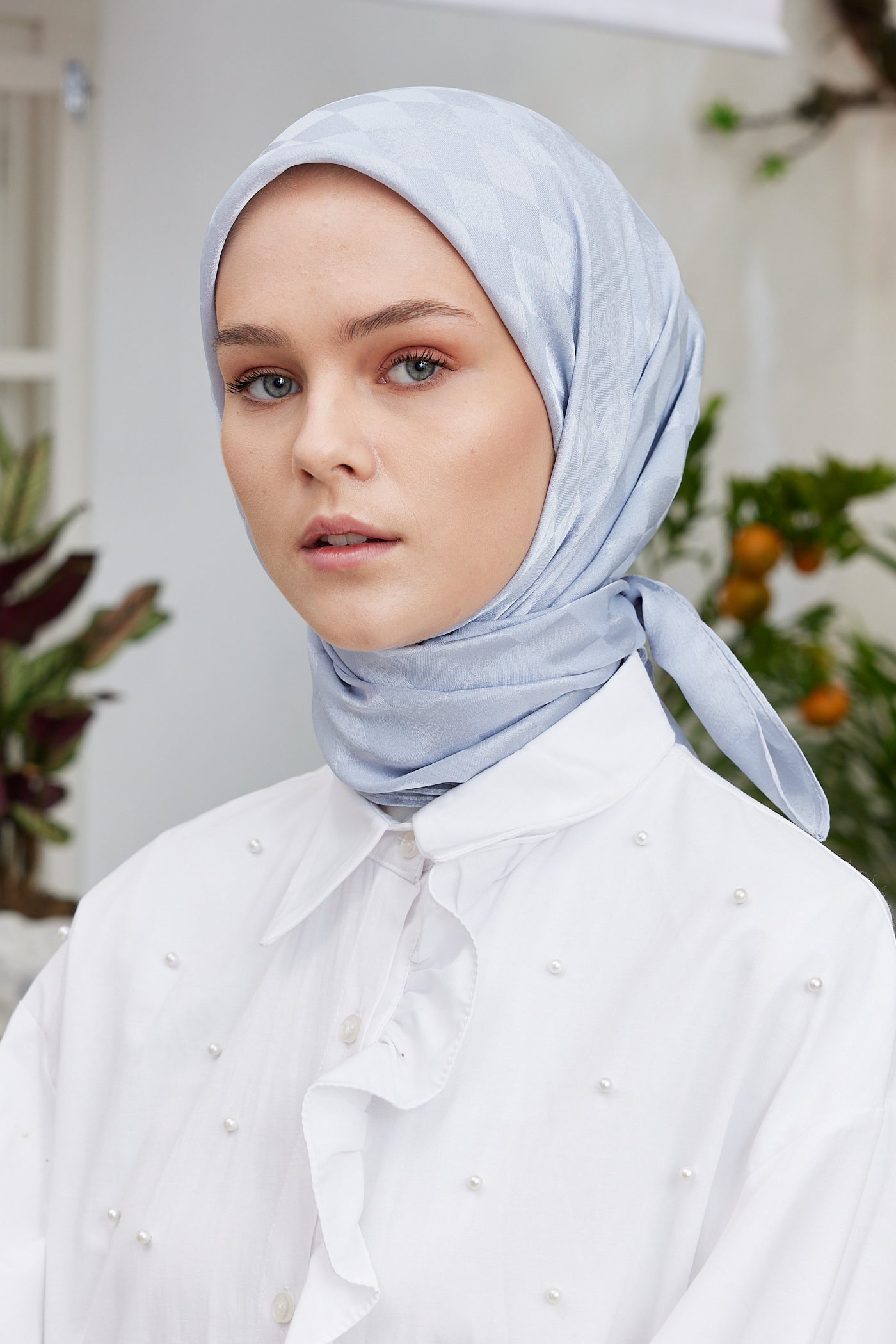 Tesettür Giyim - Jakar Janjan Dama Desen Eşarp - Gümüş - Emproyal