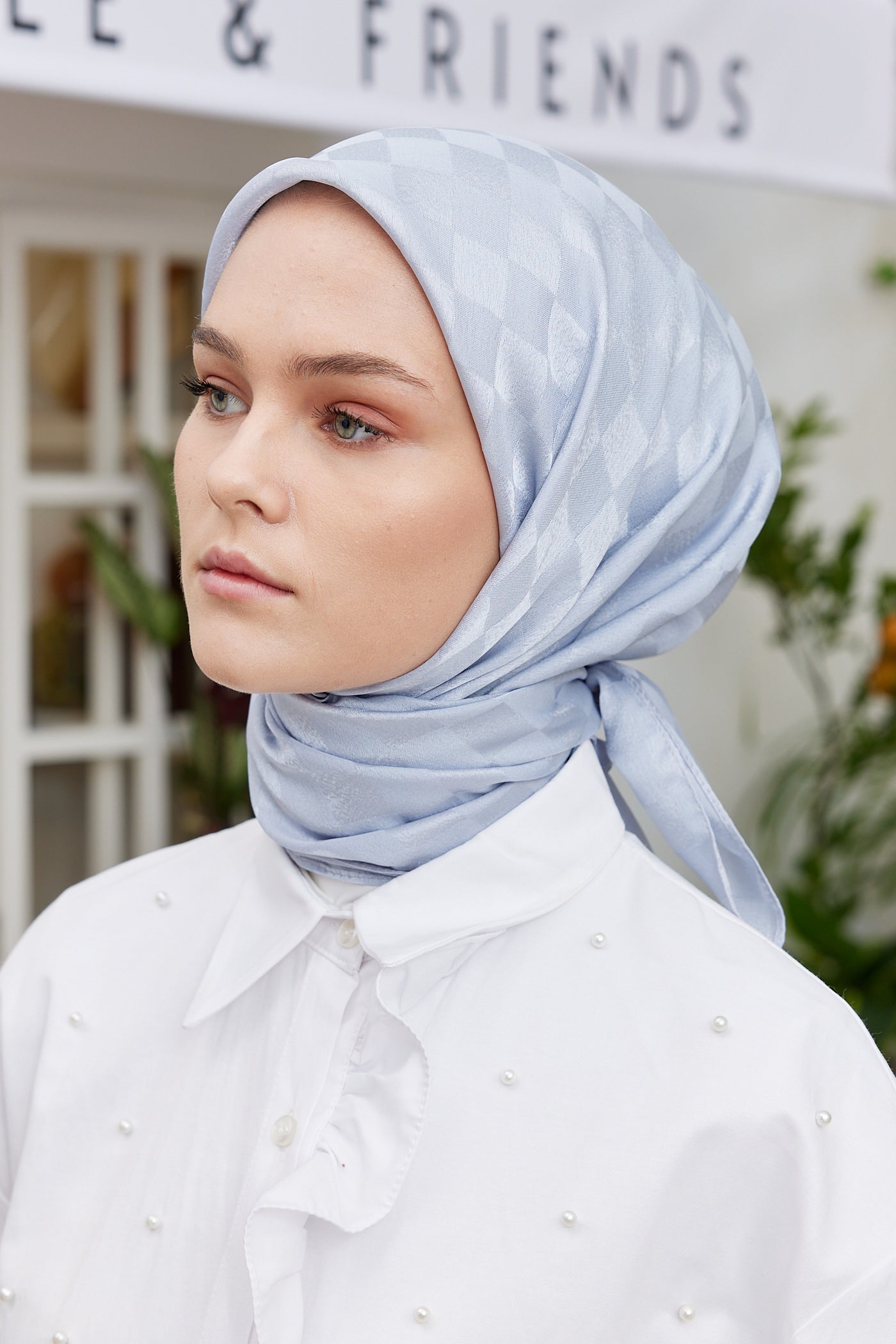 Tesettür Giyim - Jakar Janjan Dama Desen Eşarp - Gümüş - Emproyal