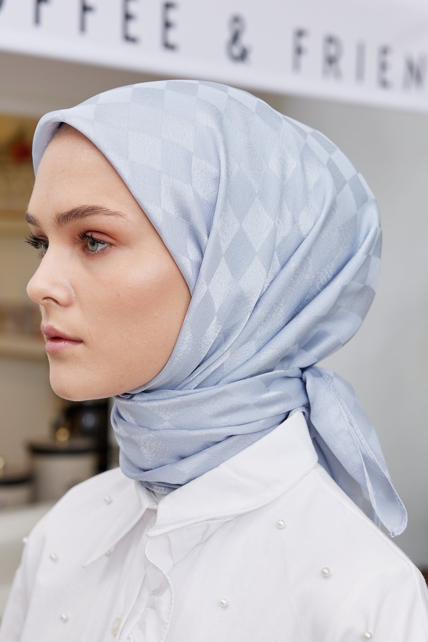 Tesettür Giyim - Jakar Janjan Dama Desen Eşarp - Gümüş - Emproyal