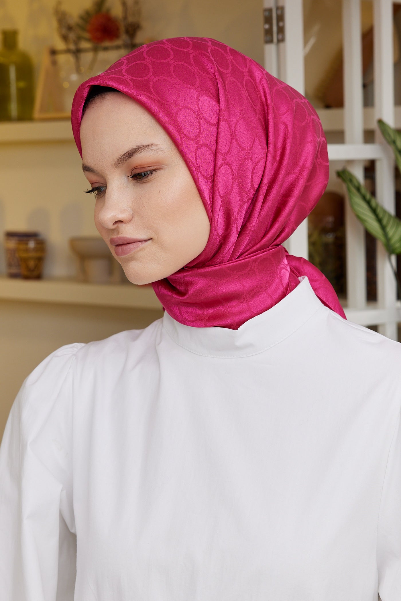 Tesettür Giyim - Jakar Janjan Halka Desen Eşarp - Fuşya - Emproyal