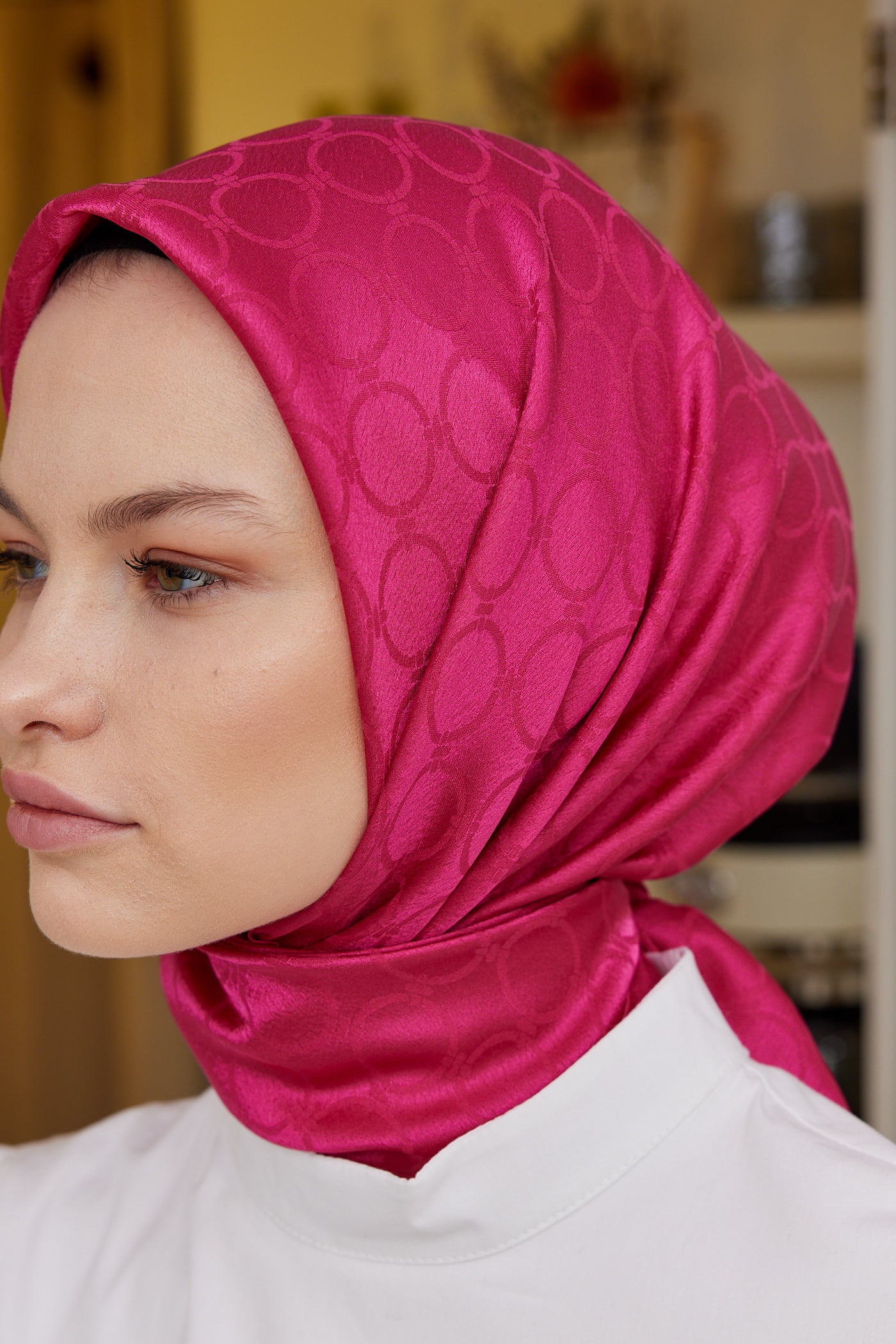 Tesettür Giyim - Jakar Janjan Halka Desen Eşarp - Fuşya - Emproyal