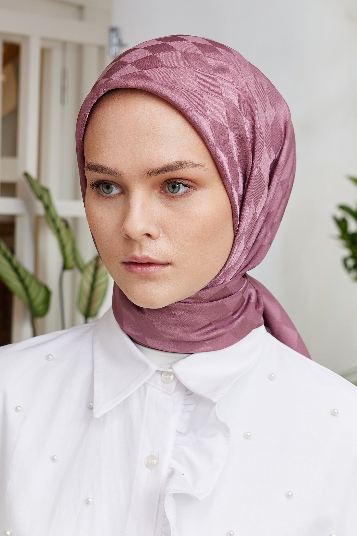 Tesettür Giyim - Jakar Janjan Dama Desen Eşarp - Gül Kurusu - Emproyal