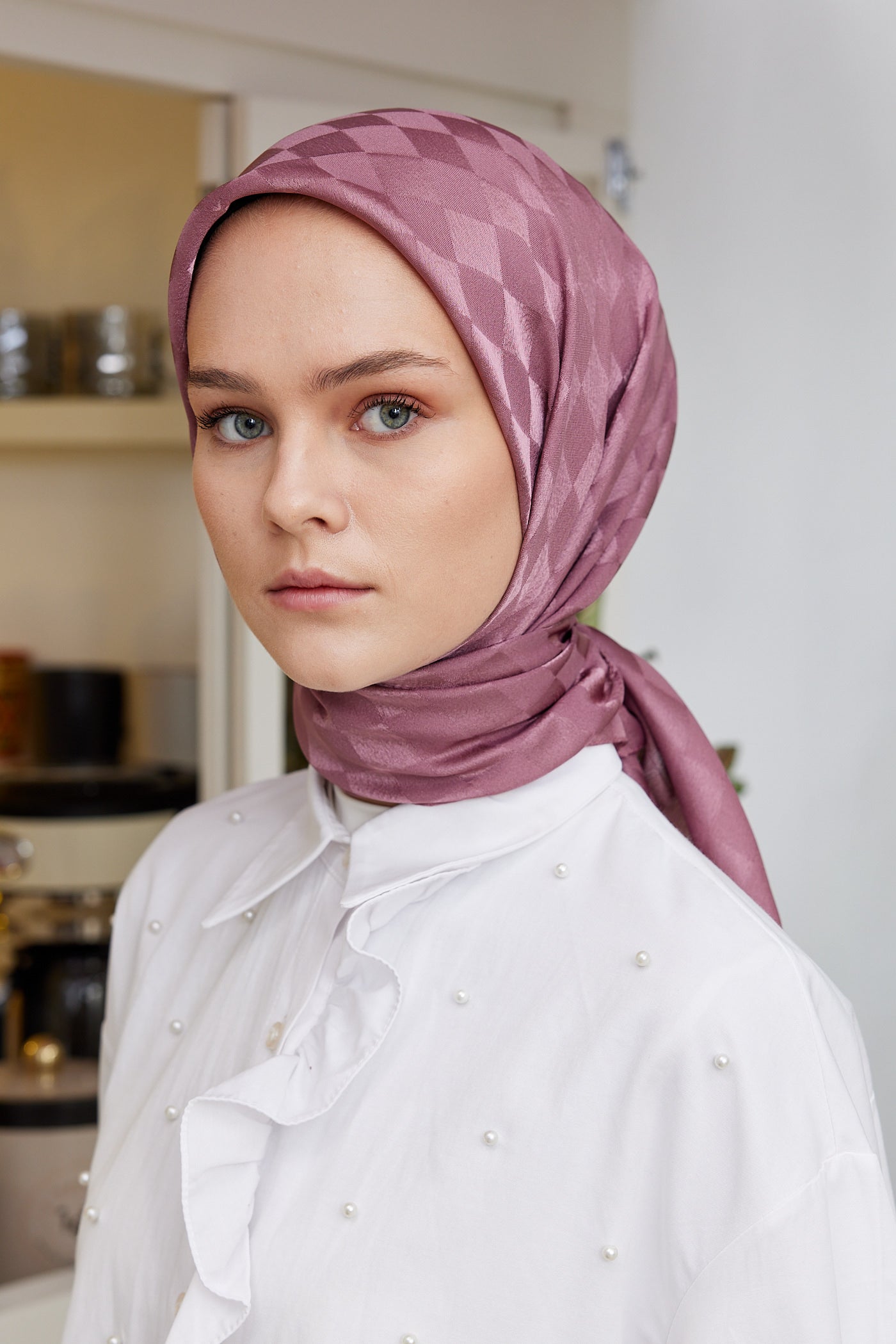 Tesettür Giyim - Jakar Janjan Dama Desen Eşarp - Gül Kurusu - Emproyal