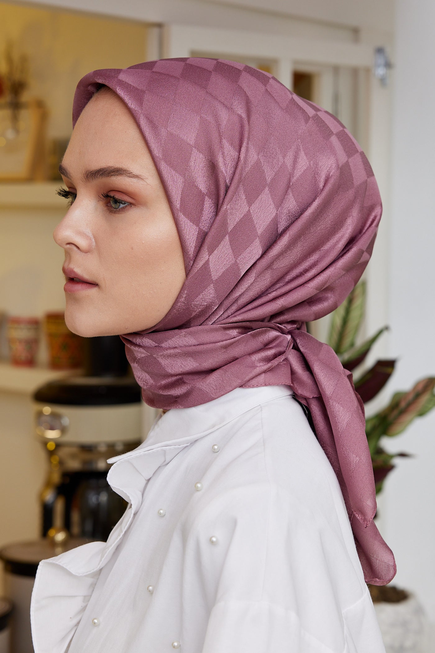 Tesettür Giyim - Jakar Janjan Dama Desen Eşarp - Gül Kurusu - Emproyal