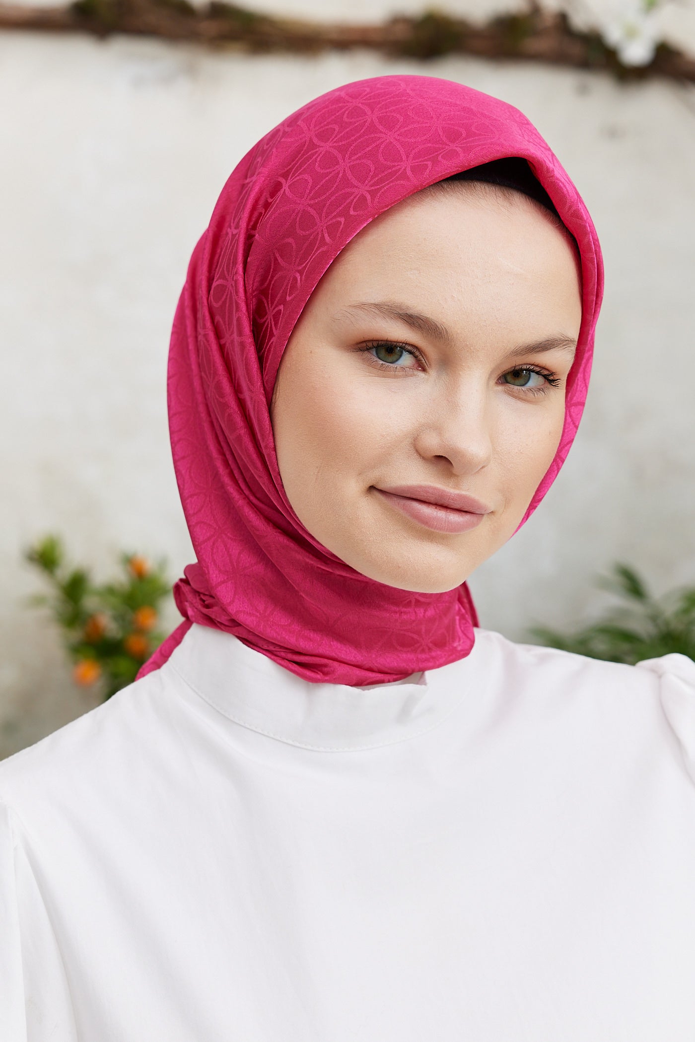 Tesettür Giyim - Jakar Janjan Elips Desen Eşarp - Fuşya - Emproyal