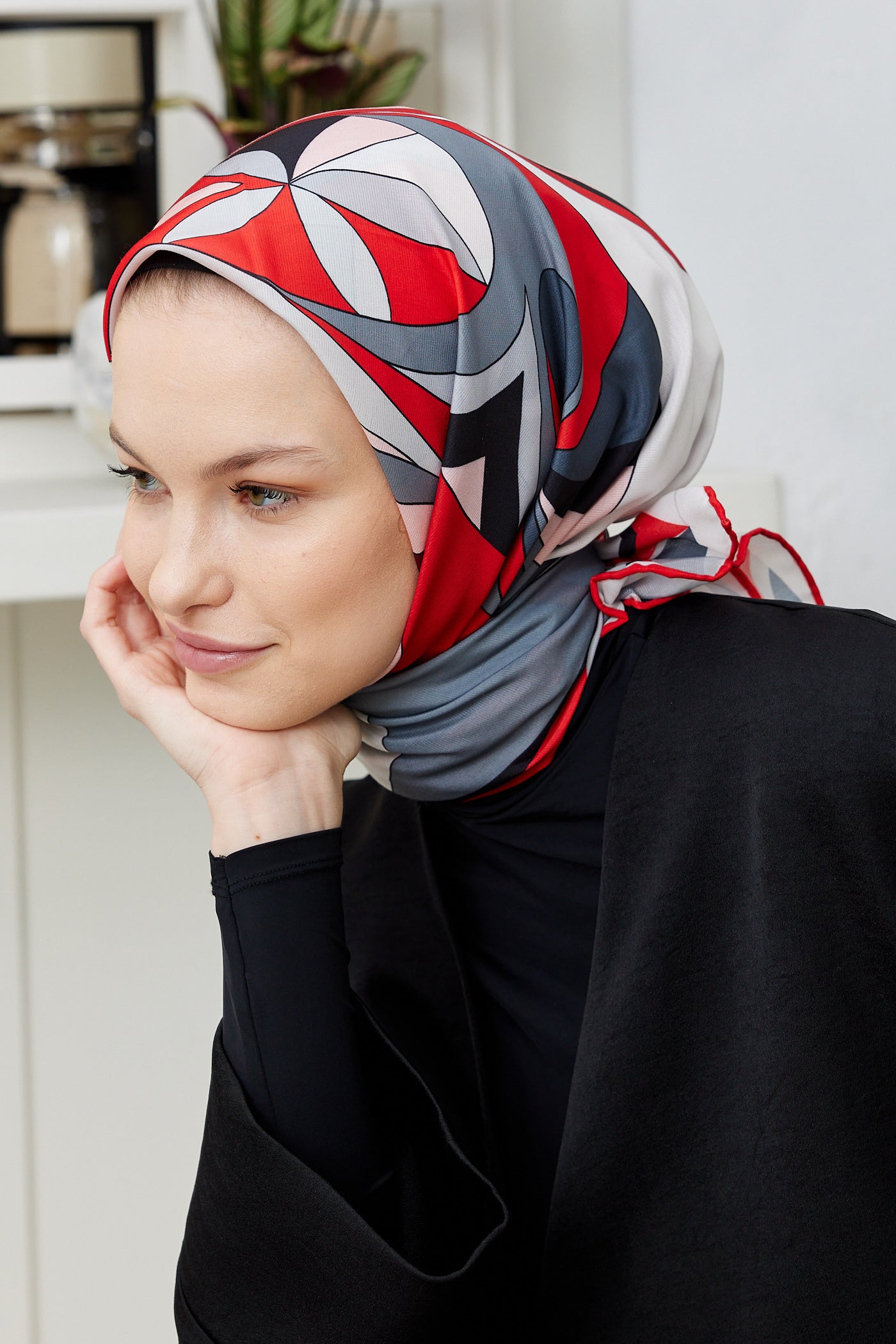 Tesettür Giyim - Pro Line Melinda Desen Eşarp - Kırmızı - Gri - Emproyal